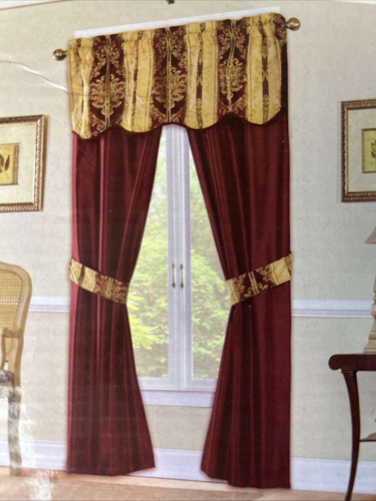 5 piece Window Set 2 window panels 2 tie-backs 1 Valance burgandy Gold 84″…