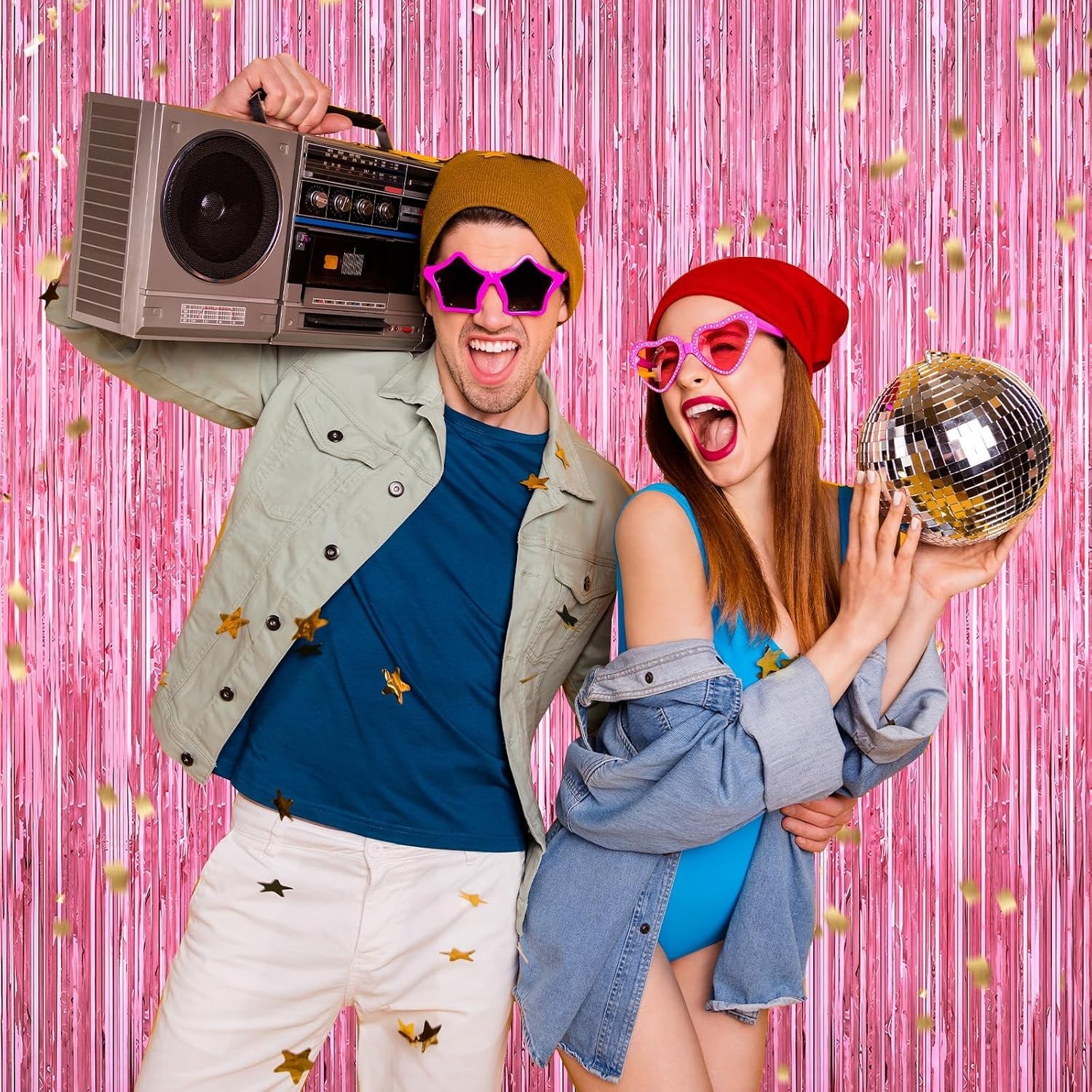 Pink Foil Fringe Curtain Backdrop, 2 Pack, 3.3ft x 6.6ft, Door Streamers