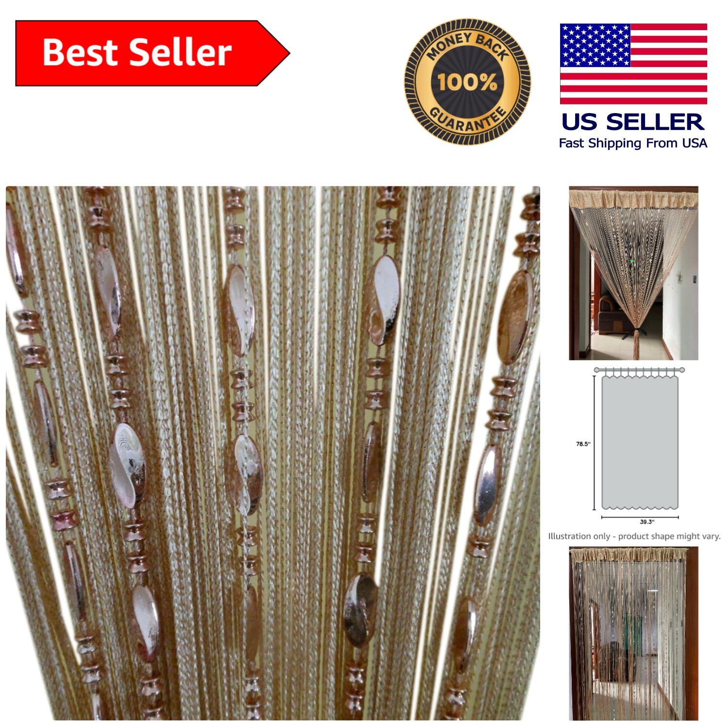 Art Deco Beaded Fringe Curtain in Champagne – 39.3″x78.5″ Decorative Divider
