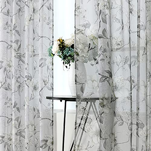 Sheer Tier Curtains Grey Flower Leaf Printed Floral Embroidered Half Window