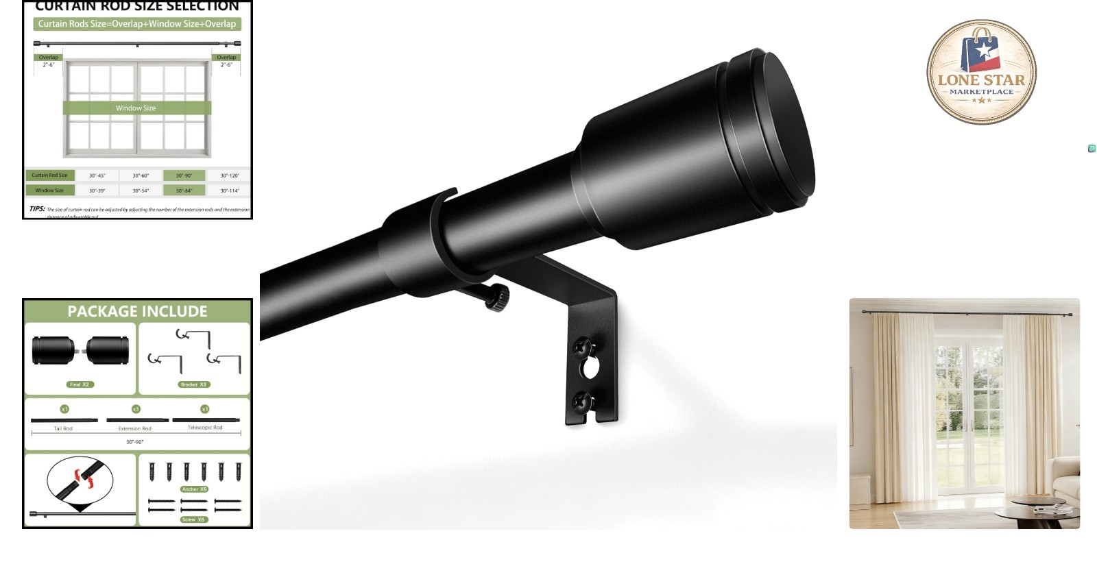 Adjustable Curtain Rod 30–90 Inch Heavy Duty Iron Black For Windows
