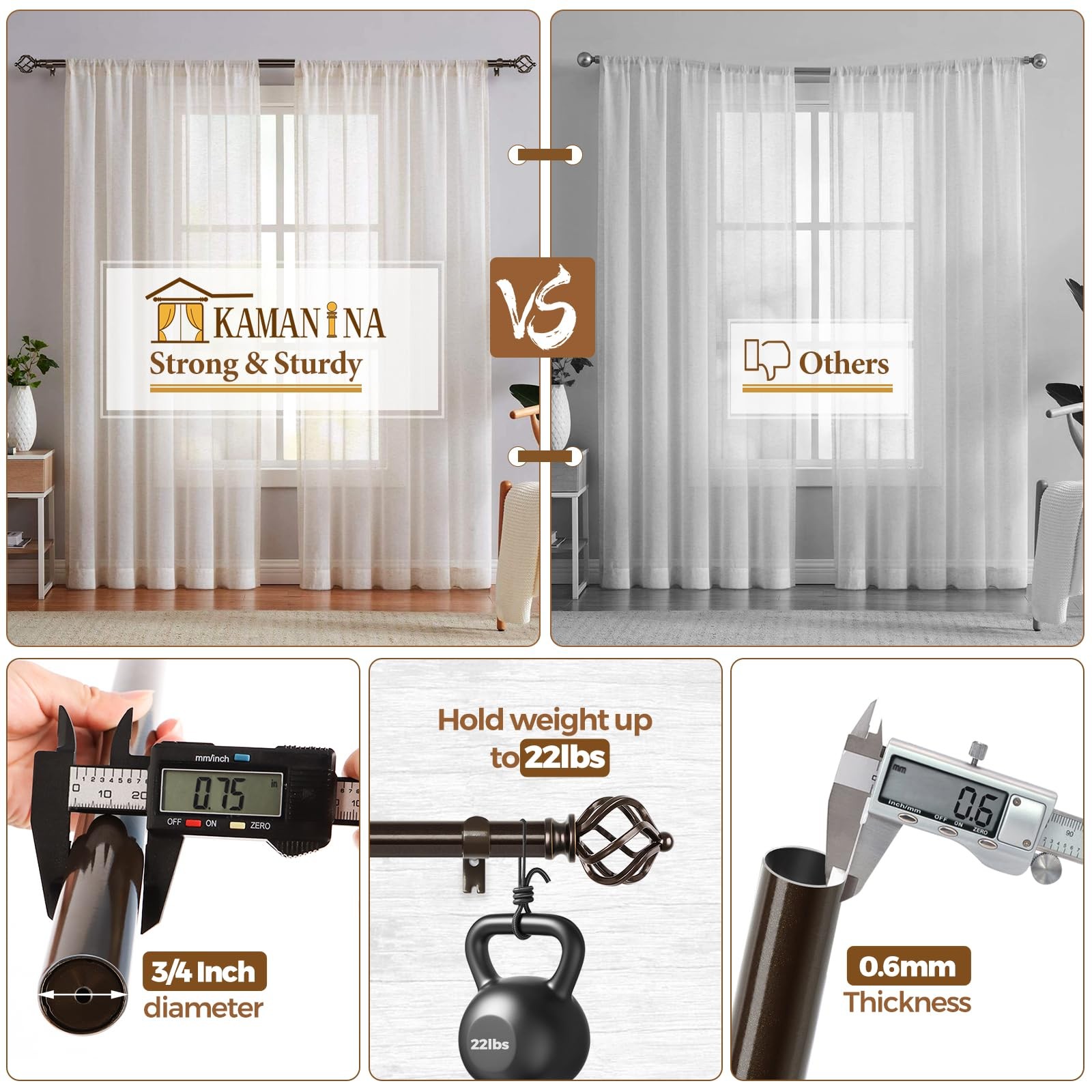 KAMANINA Curtain Rods for Windows 66 to 120 Inch, 3/4 Inch 66-120″, Bronze