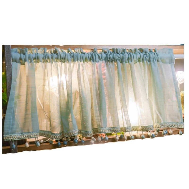 Blue Half Coffee Curtains Beads Tassel Window Curtain for Kitchen Cabinet