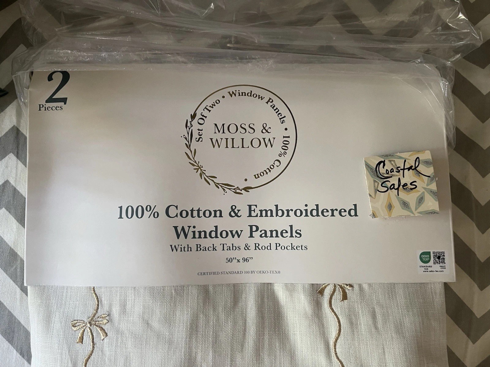 MOSS & WILLOW 100% Cotton Gold Embroidery Curtains Bows Ivory 50X96” NEW SET