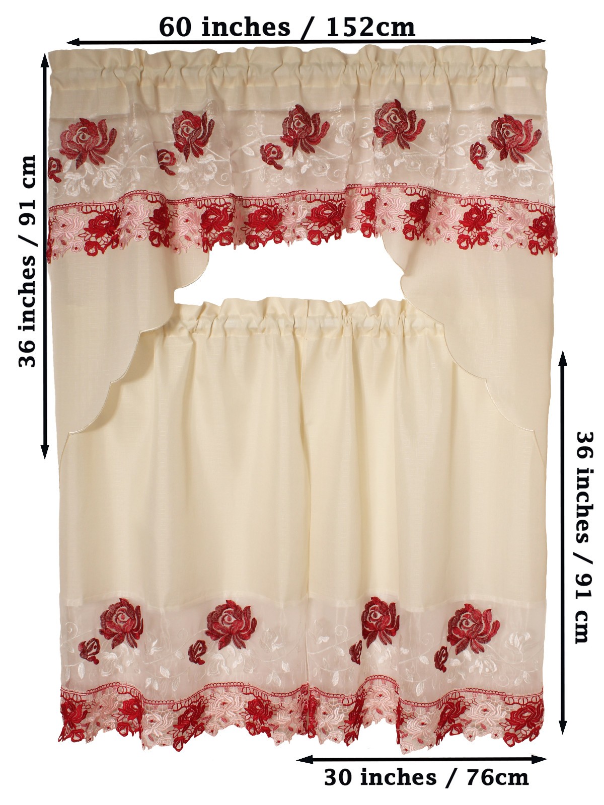 Alison Embroidery Design Kitchen Home Curtain with Swag and Tier Set 36″ x 60″