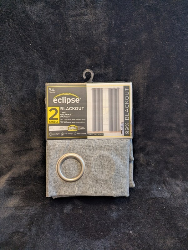 Eclipse Corte Soft Silver 99% Blackout Curtains. 2 Panels, 84″ long. New in Pack