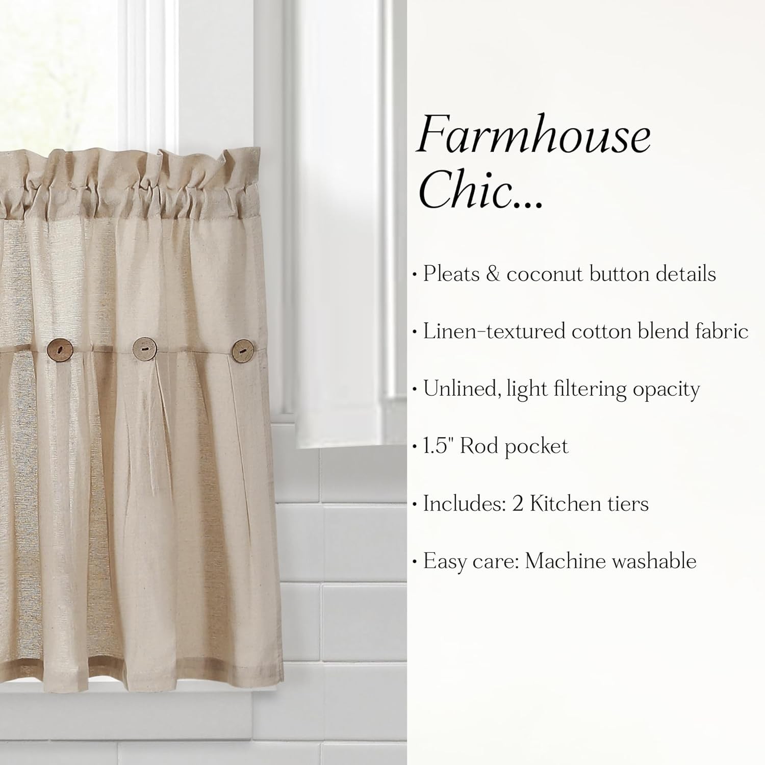 Button Farmhouse Kitchen Curtains Tier Set 29″W x 36″L Dark Linen Linen
