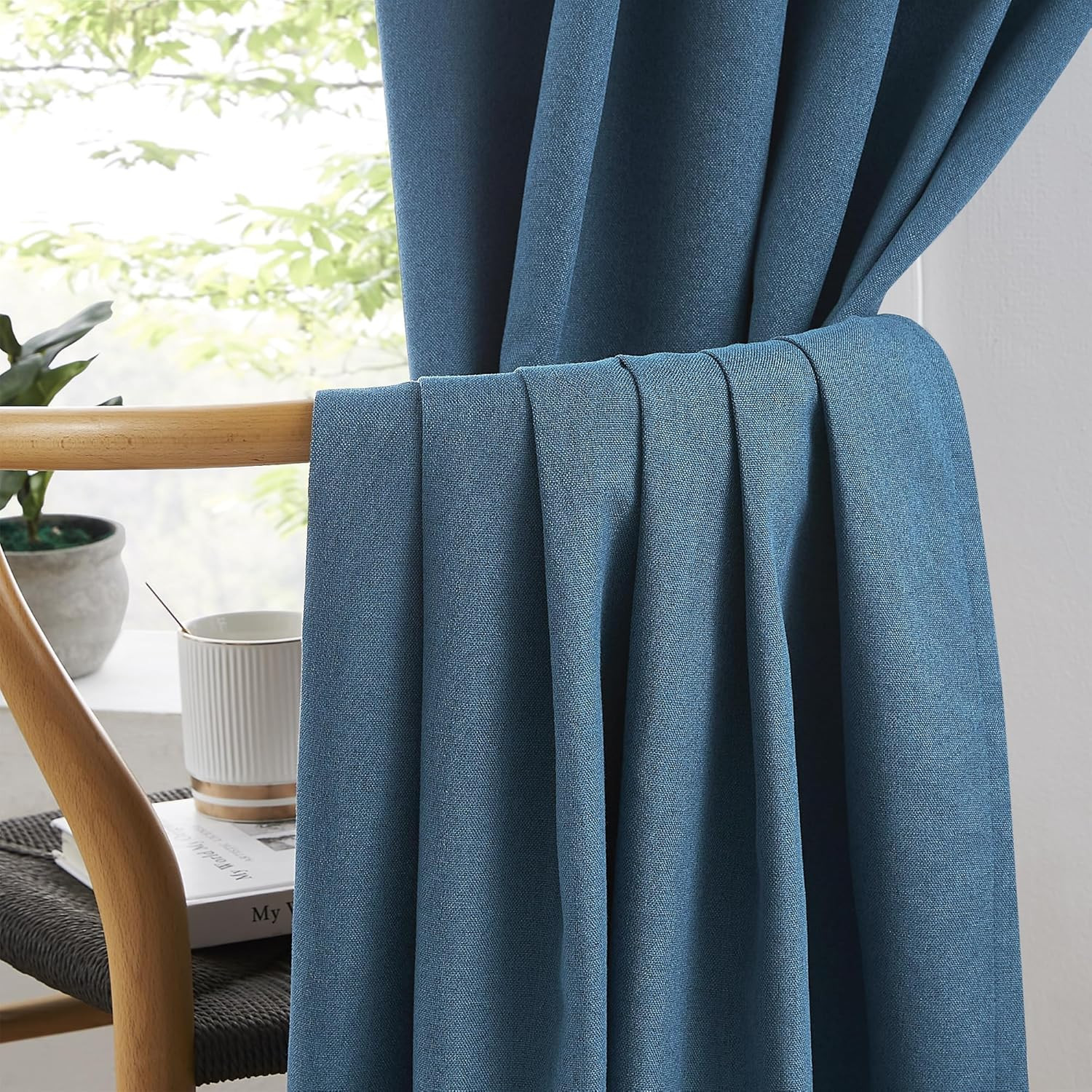 Blue Denim Back Tab Pleated Full Blackout Curtains 102″ Long, 2 Panels Set
