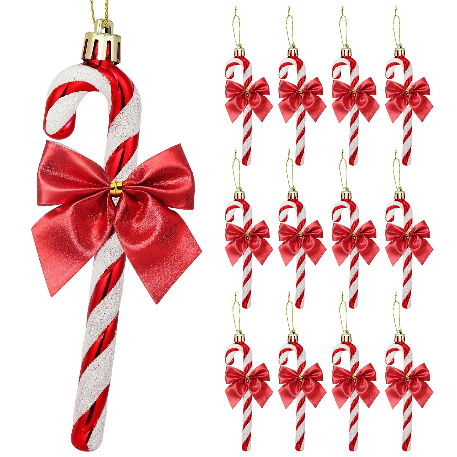 12 PCS Candy Cane Christmas Tree Decorations Ornaments Glitter Bows Red Decor