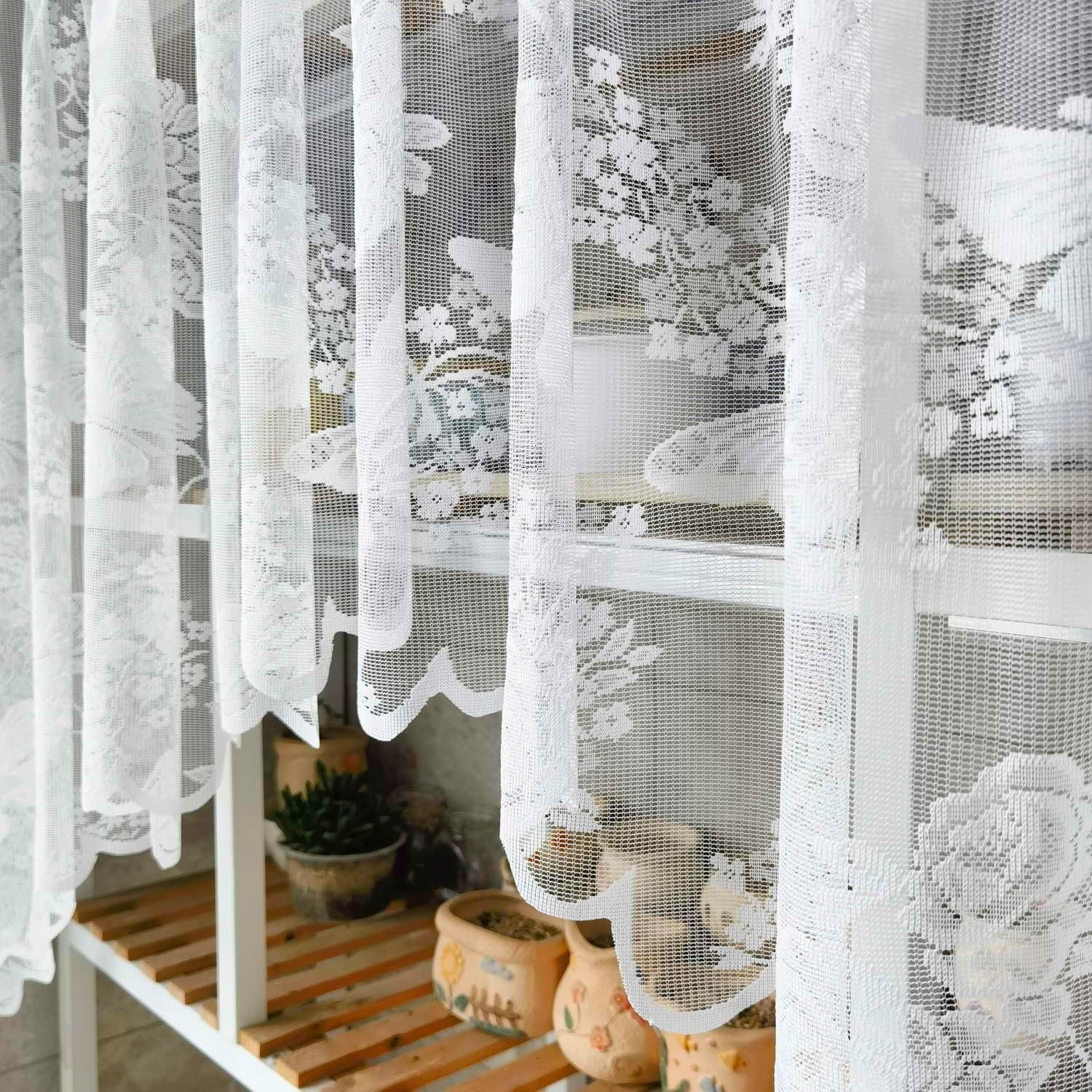 1 Panel White Butterfly Embroidered Arched Lace Sheer Curtain Valance | Floral a