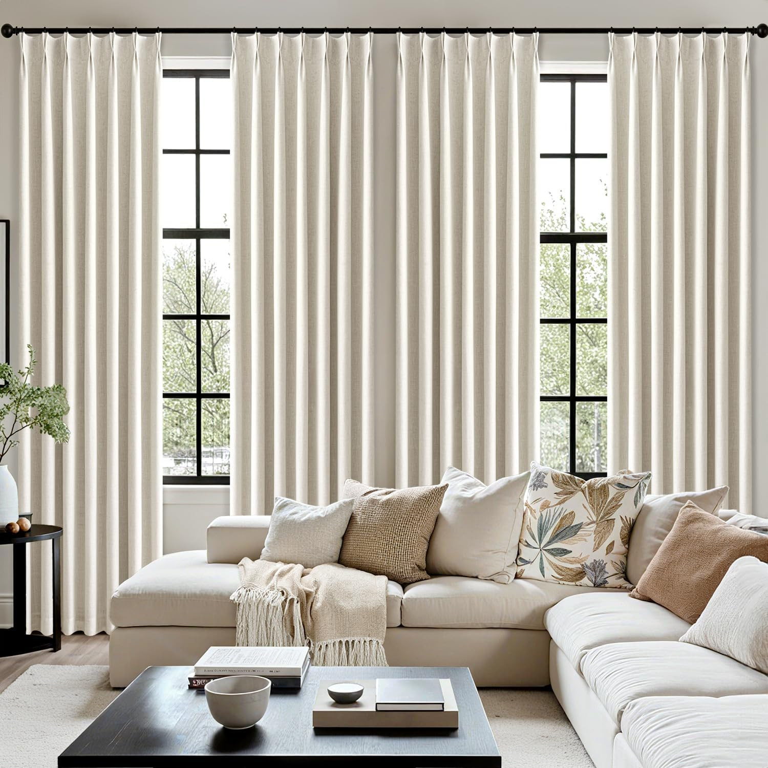 Natural Pinch Pleated 100% Blackout Linen Curtains 90 Inch Length 2 Panels Set,