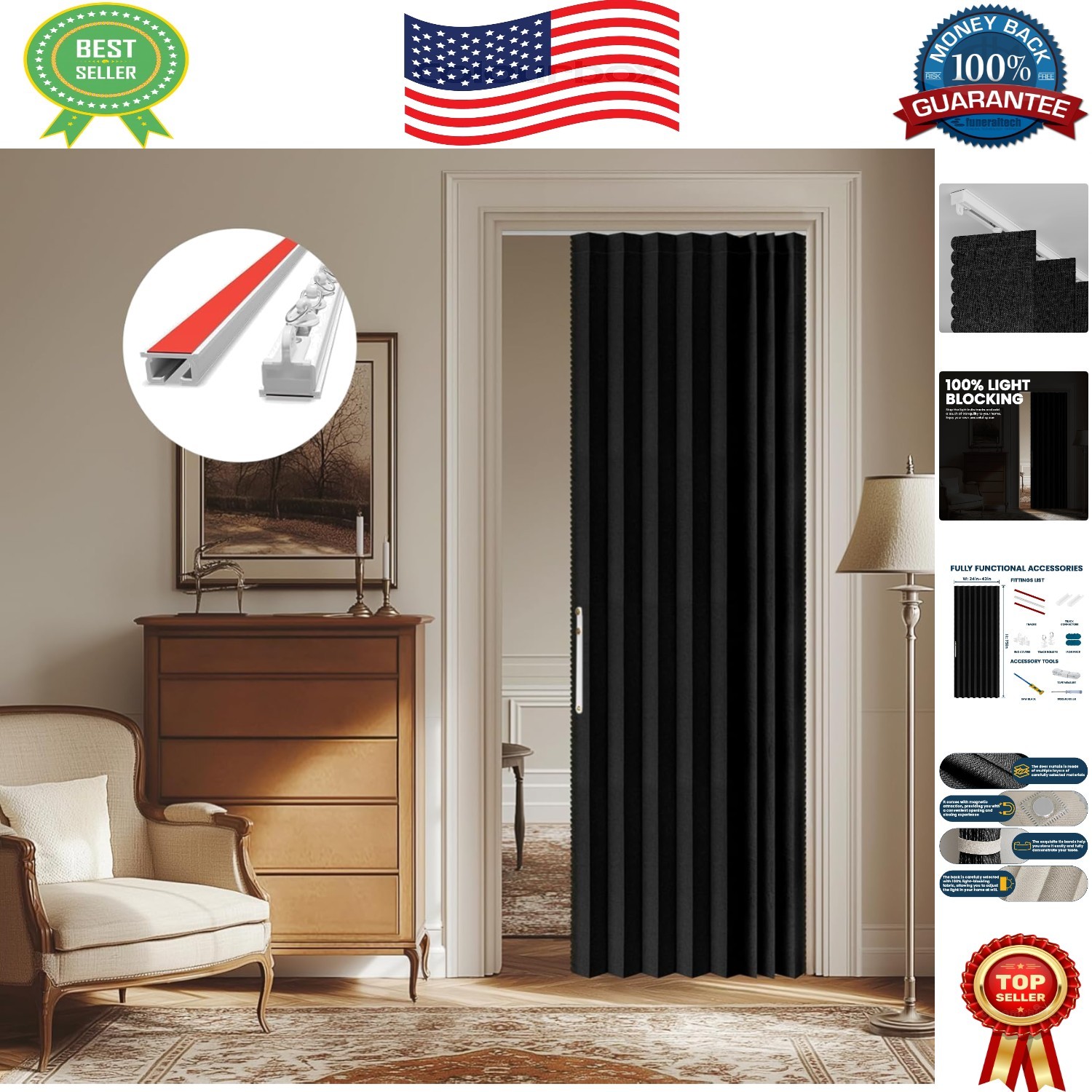 Versatile Black 100% Blackout Door Curtain, 43”W x 79”L – DIY Installation Kit