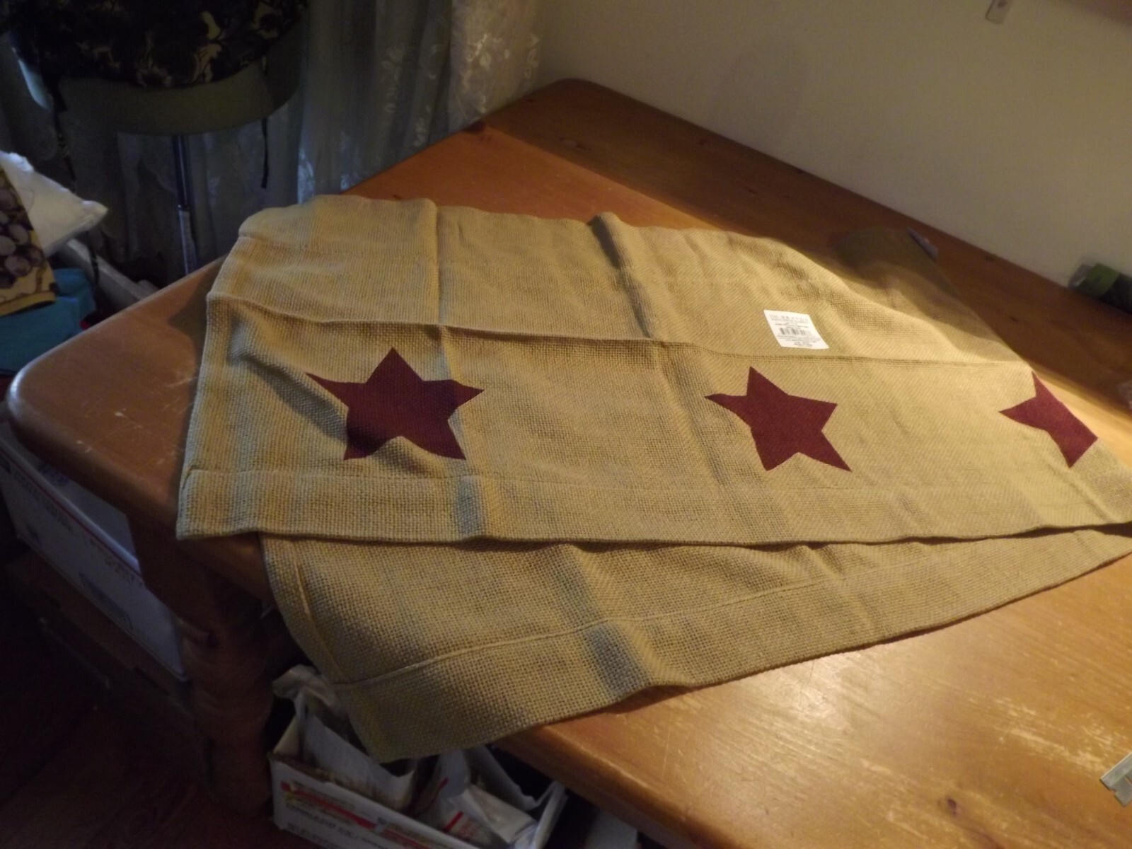 new Primitive BURLAP w/ BURGANDY STARS Valance FARMHOUSE COUNTRY 60″W NIP