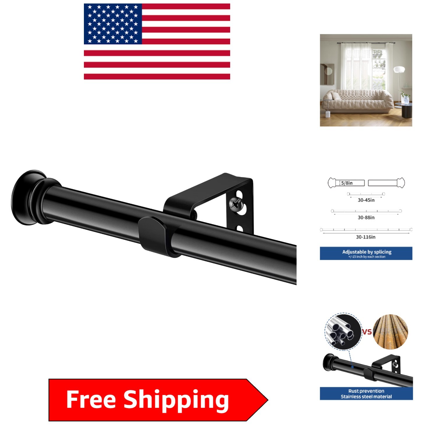 Elegant Black Curtain Rod Set 30-116 Inch, 5/8 Inch Diameter – Durable & Stylish