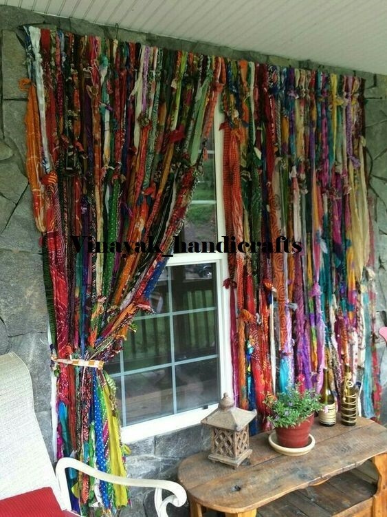 100 Strands, Bohemian gypsy rag Window Bohemian Valance Indian Backdrop curtains