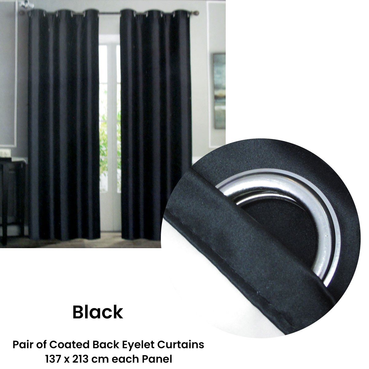 Hudson Pair of Coated Back Blockout Eyelet Curtains 137 x 213cm each