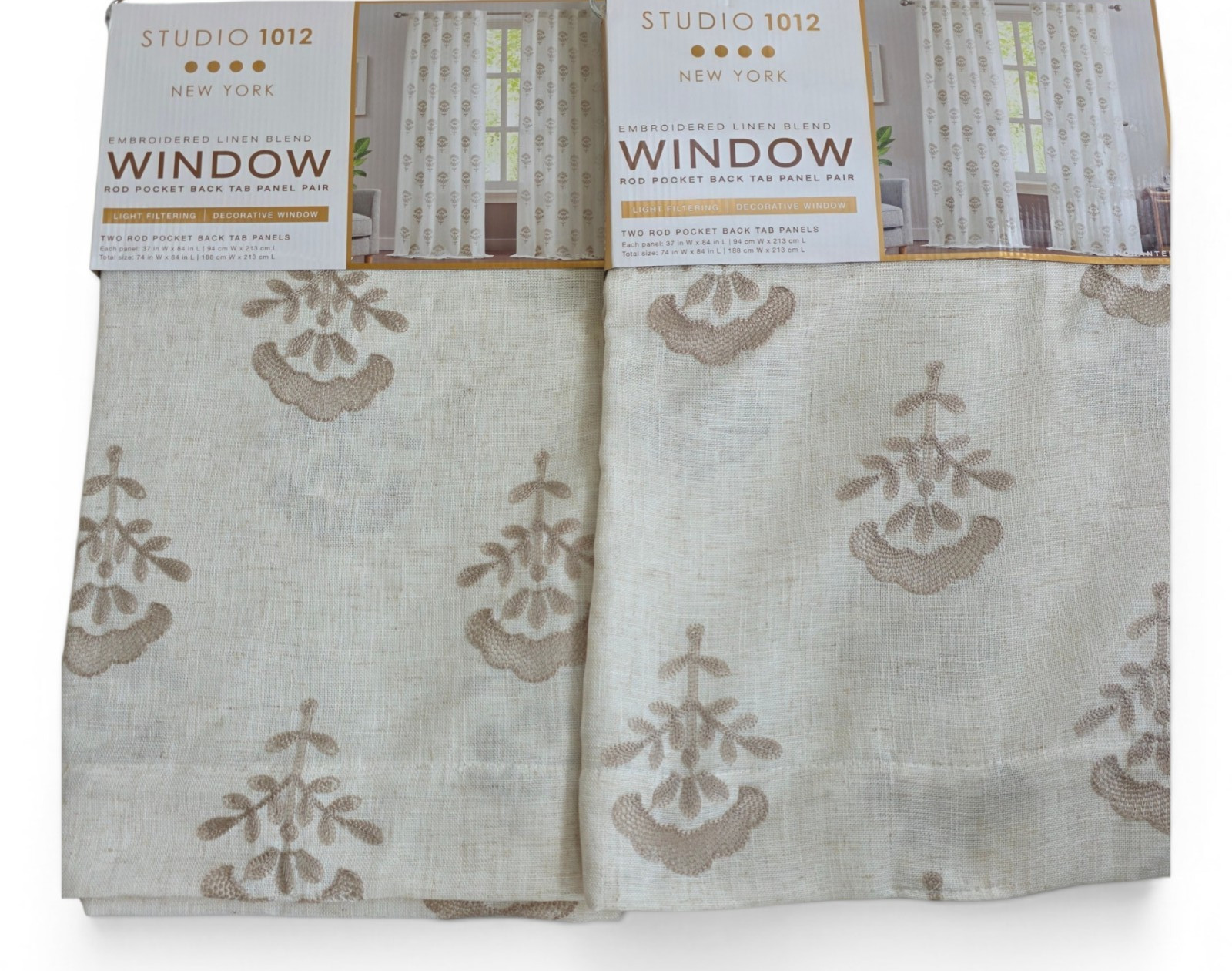 Studio 1012 Linen Blend Embroidered Floral Curtains Set of 4 37×84 Natural