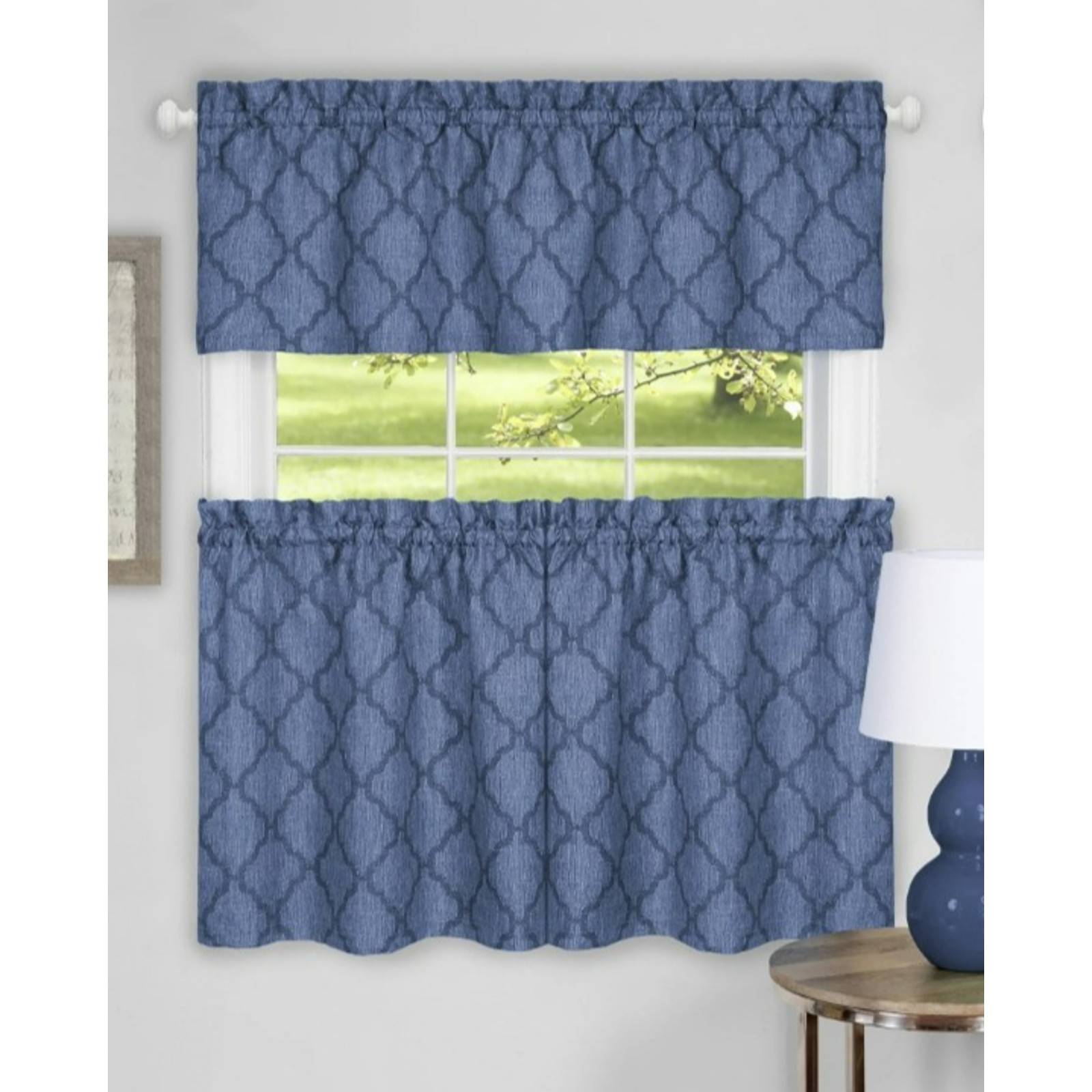 Colby 3-Piece Tier Pair & Valance Set Blue 2 Sets Country Kitchen Dinning Retro