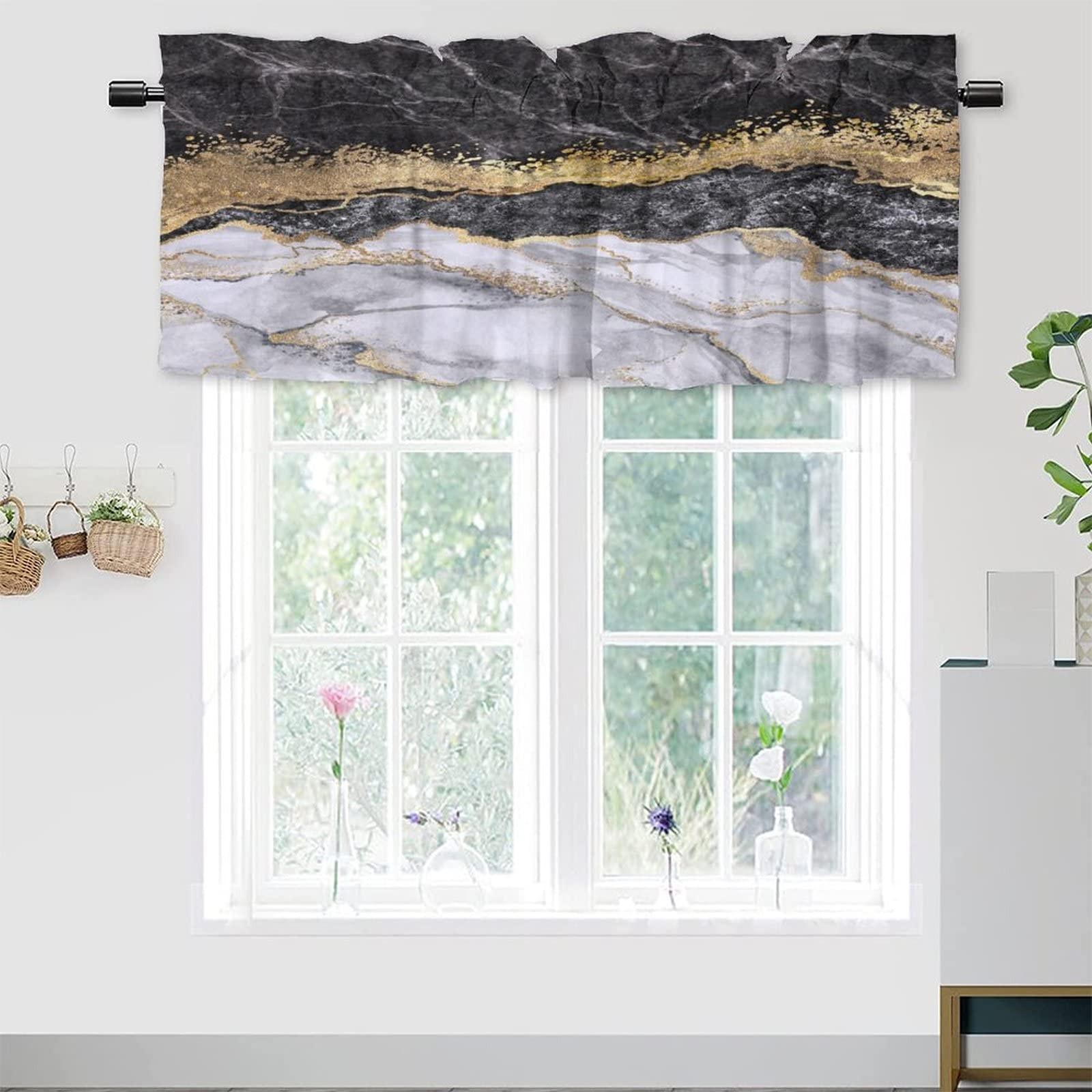 Black and White Marble Print Valance Curtains for Kitchen Bathroom Bedroom Ca…