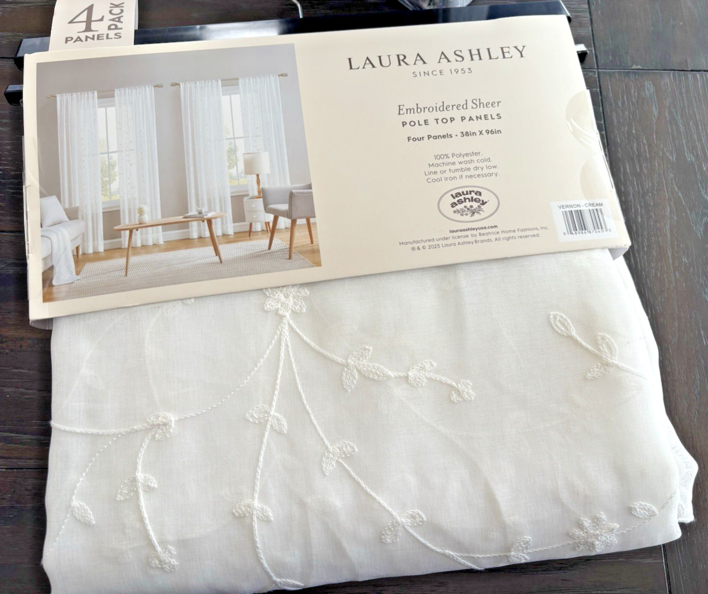 Laura Ashley Window Curtains 4 FOUR Panels 38 x 96 Sheer White Cream Embroidered