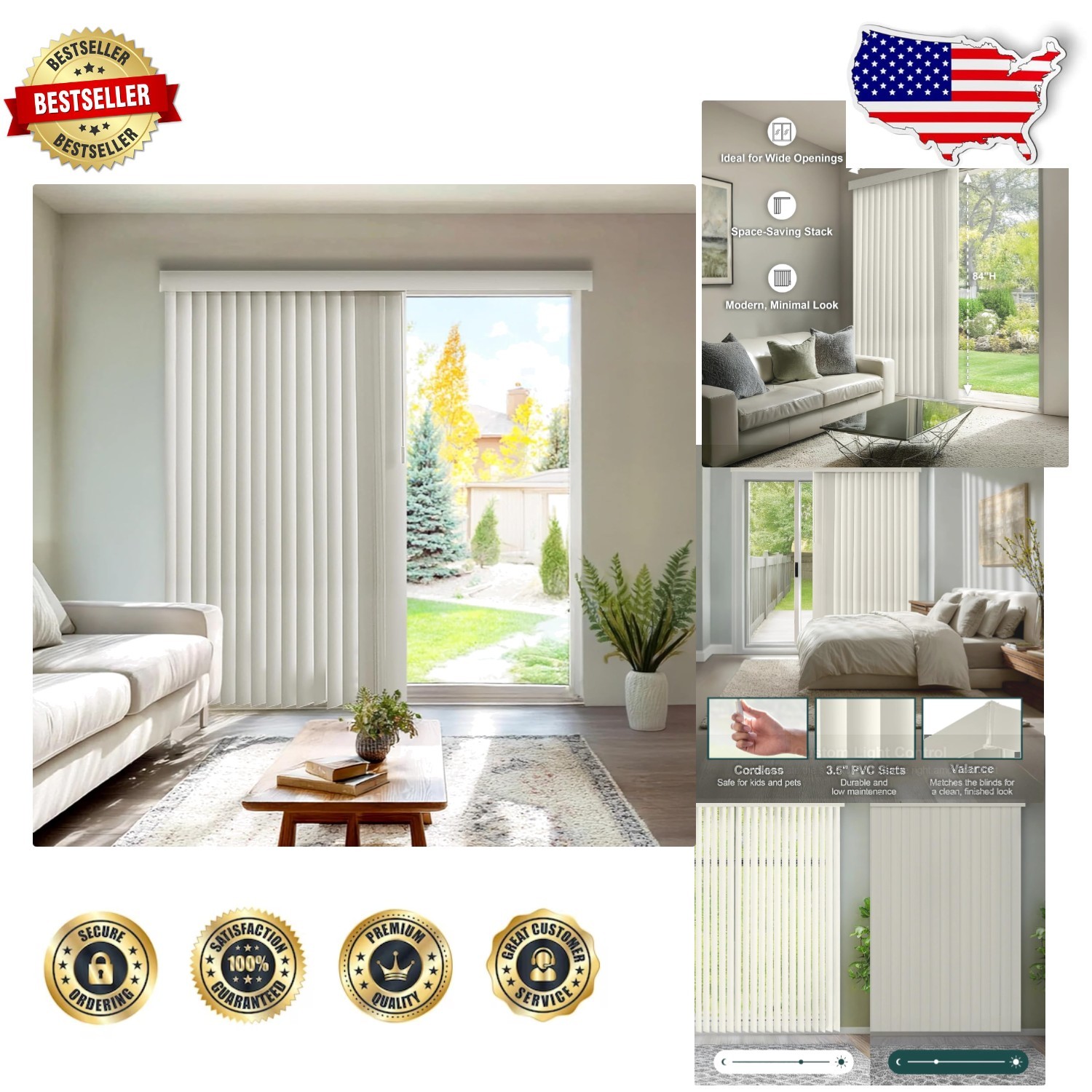 Vinyl Vertical Blinds | Cordless Blackout Patio Door Shades | 78″W x 84″H