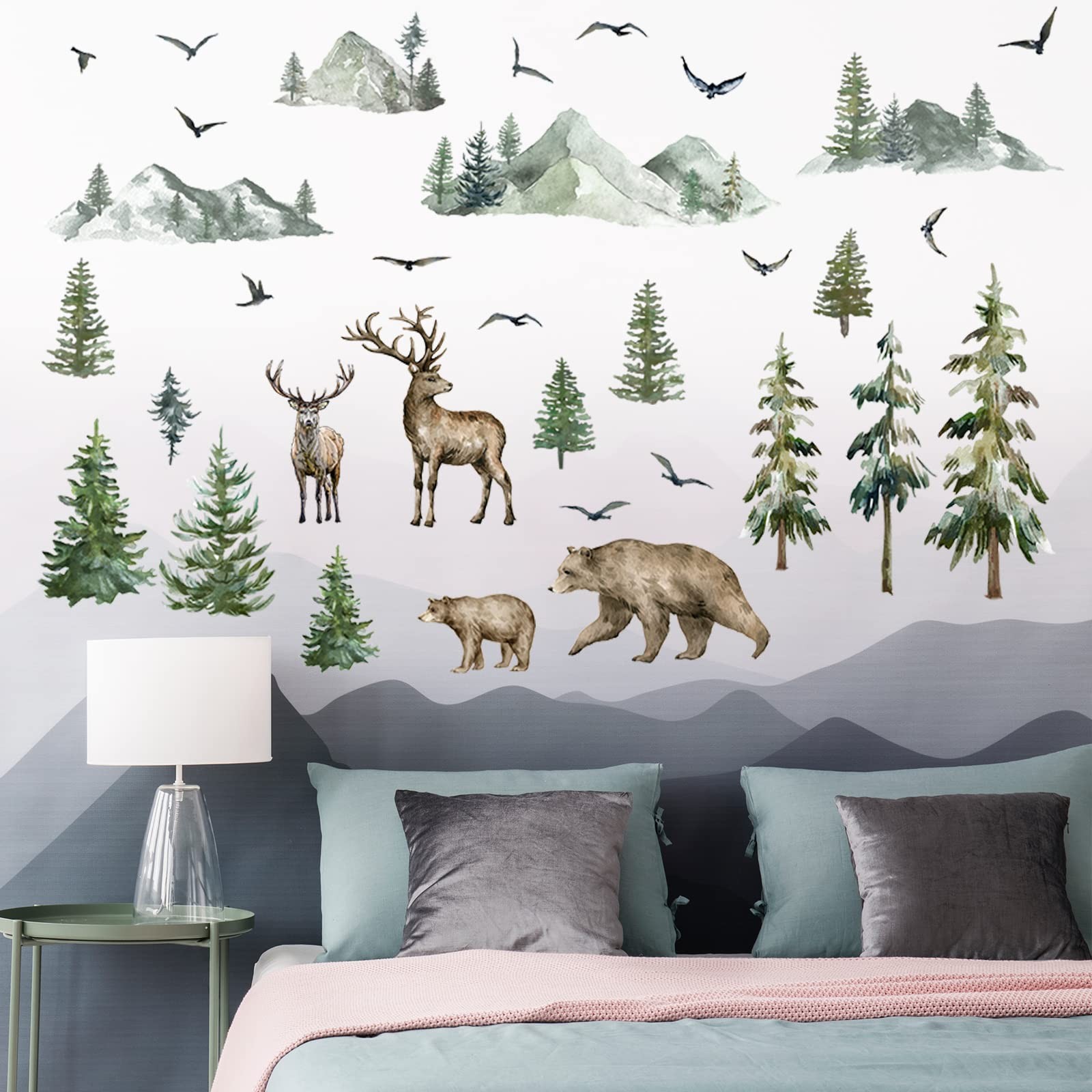 Kajaia Mountain Wall Decals Large Pine Tree Peel and Stick Forest Multicolor