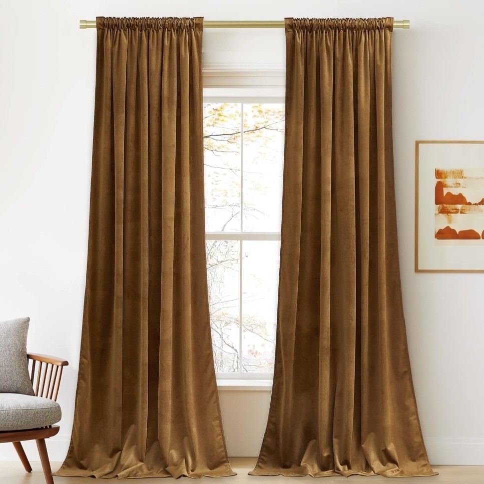 Gold Brown Blackout Velvet Curtains 96 Inches Long Thermal Insulated Room Darken
