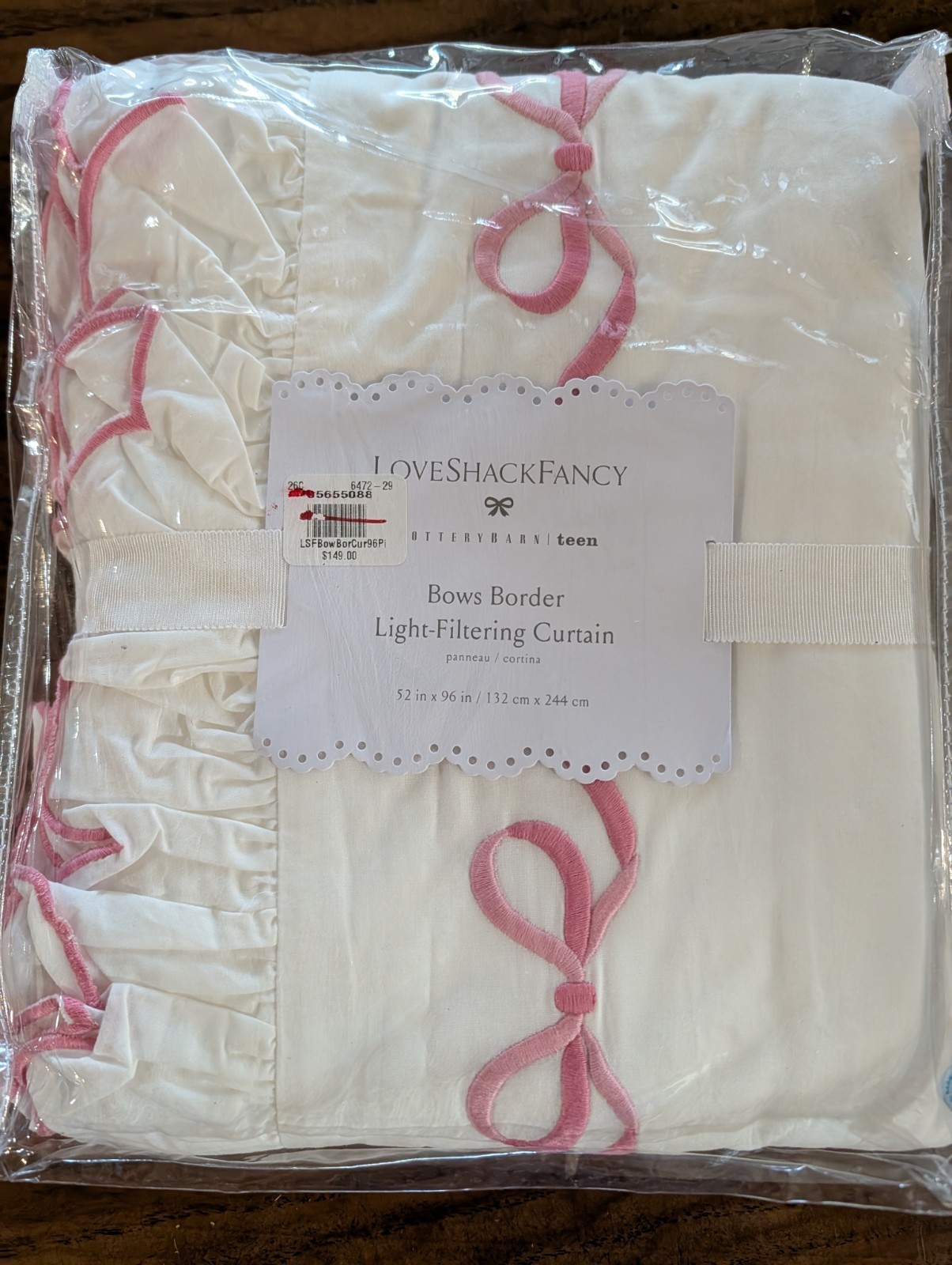 POTTERY BARN TEEN LoveShackFancy Bows Border LF Curtain Panel-Pink-52×96″-NWT