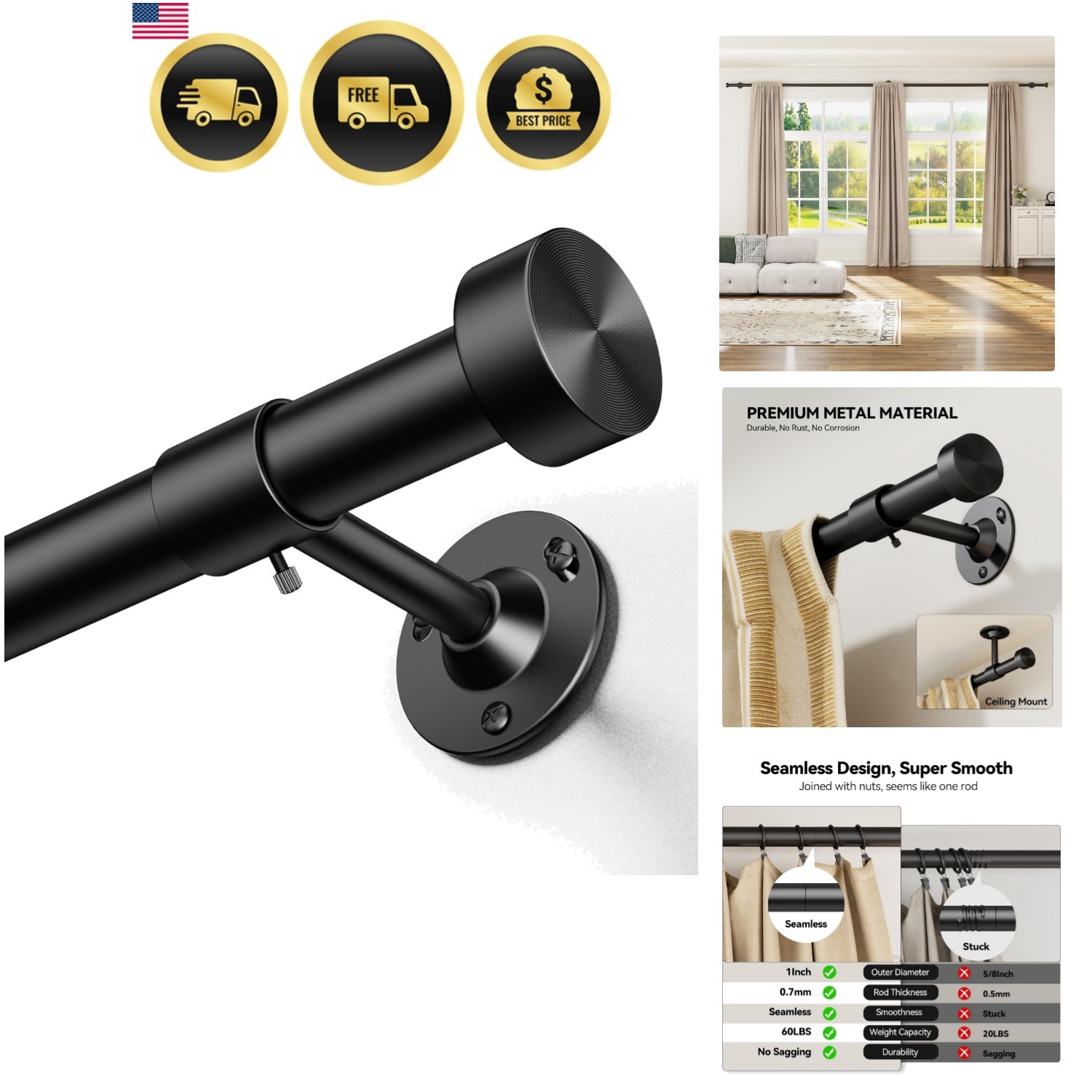 Heavy Duty Curtain Rods 32-150 Inch, 1 Inch Adjustable Black Curtain Rod for …