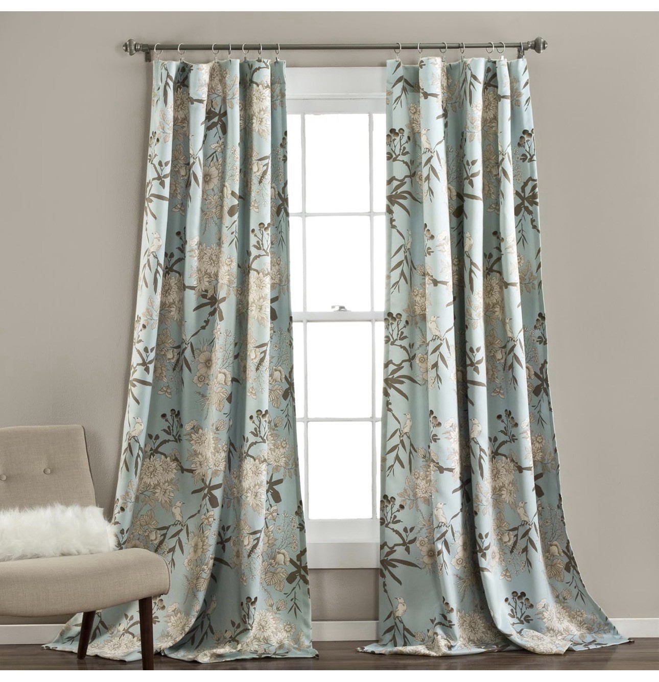 Lush Decor light filtering floral birds curtain panel 52 x 84in blue Open/ New