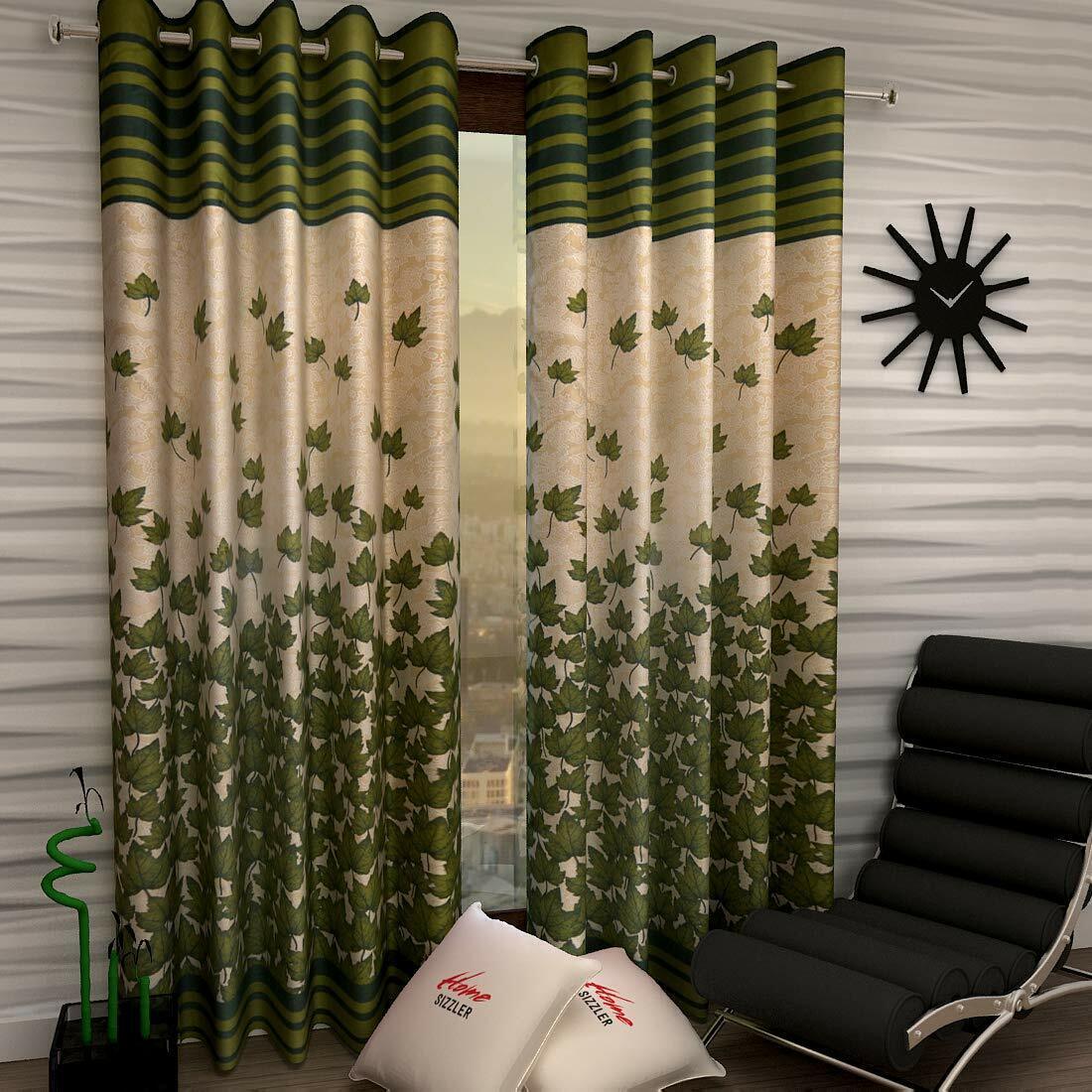 2 Piece Mapple Leaves Ringtop Grommet Door Window Curtains Set 5 7 9 Feet -Green