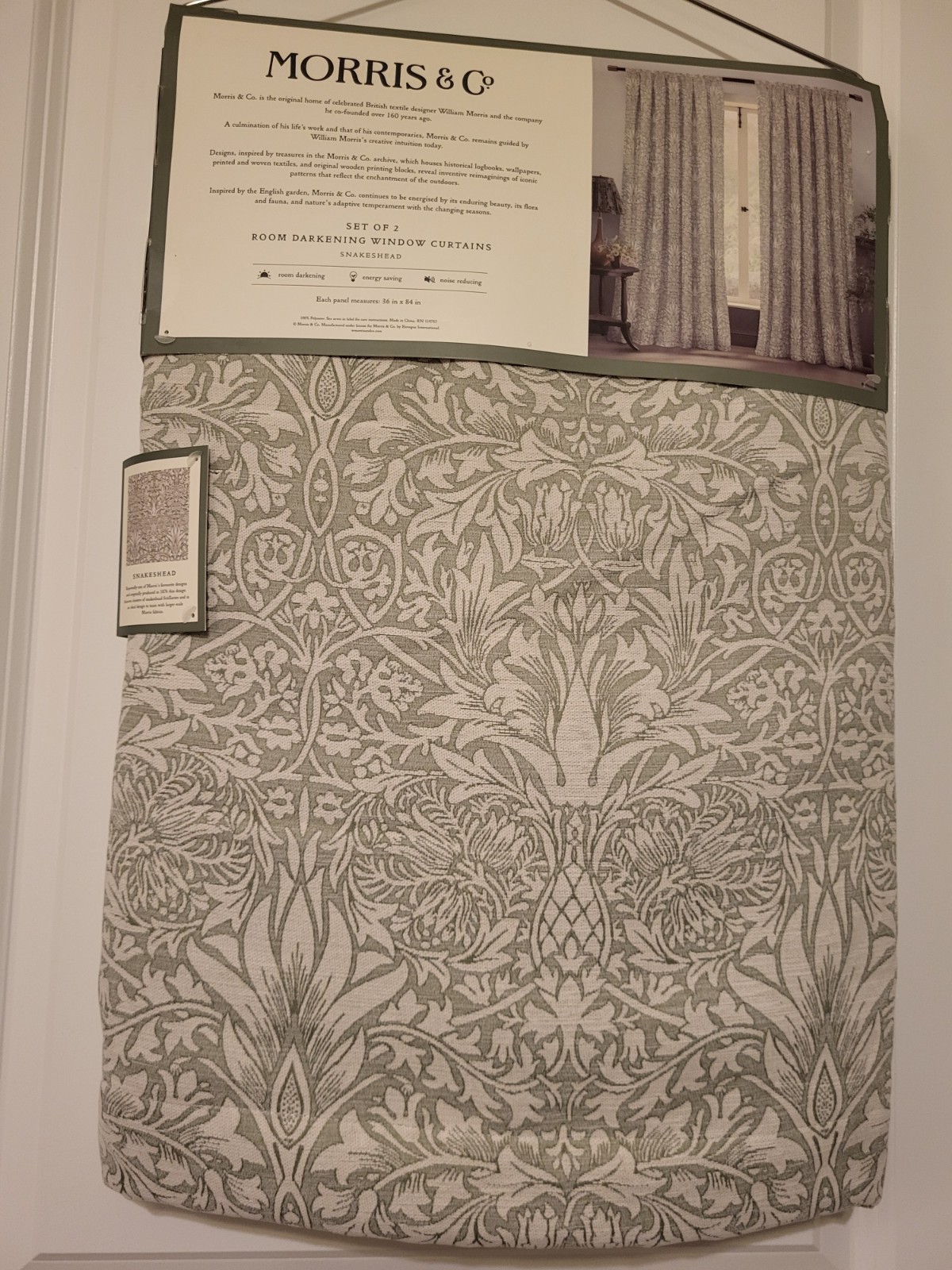 Morris & Co ‘Snakeshead’ English Garden Window Curtains Green Ivory – 36 x 84”