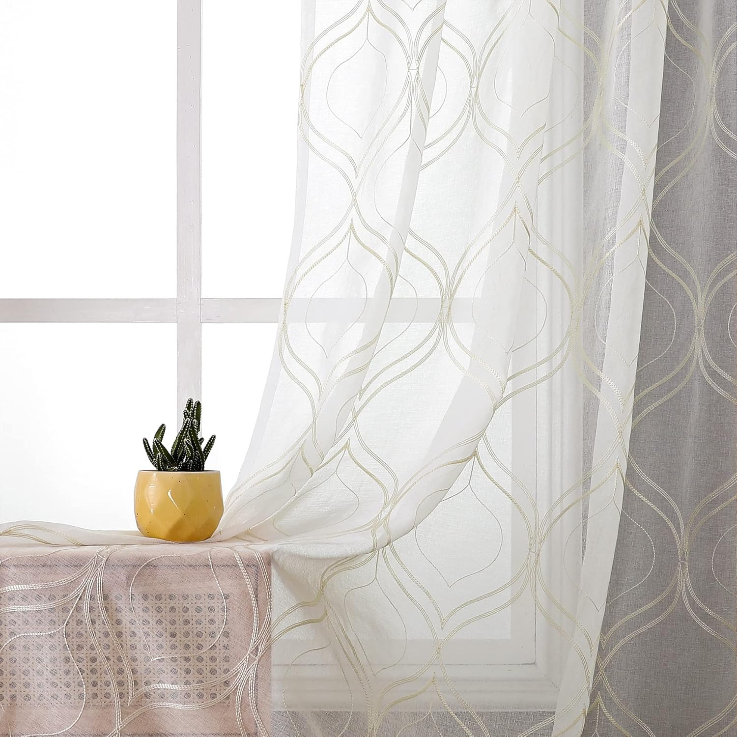 White Sheer Curtains 108 Inches Long 2 Panels Set Beige Moroccan Embroidered Cur