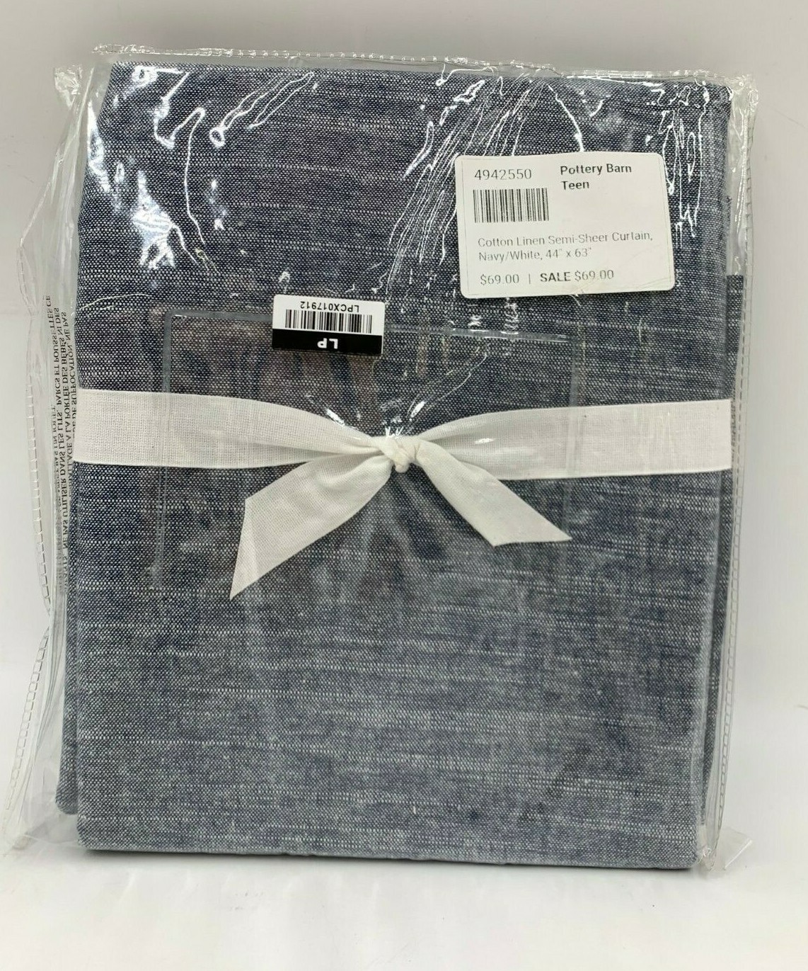 Pottery Barn Teen Cotton Linen Semi-Sheer Curtain Drape Navy White 44×63″ #H40V
