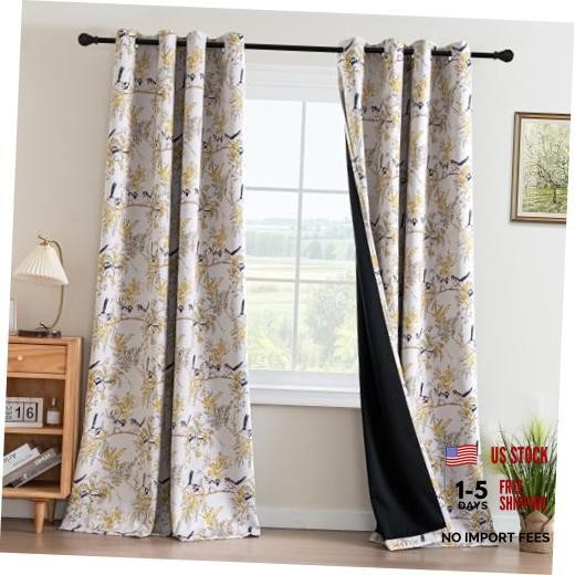 Floral 100% Blackout Curtains 84 inch 52″W x 84″L (Pack of 2) Mustard/Black