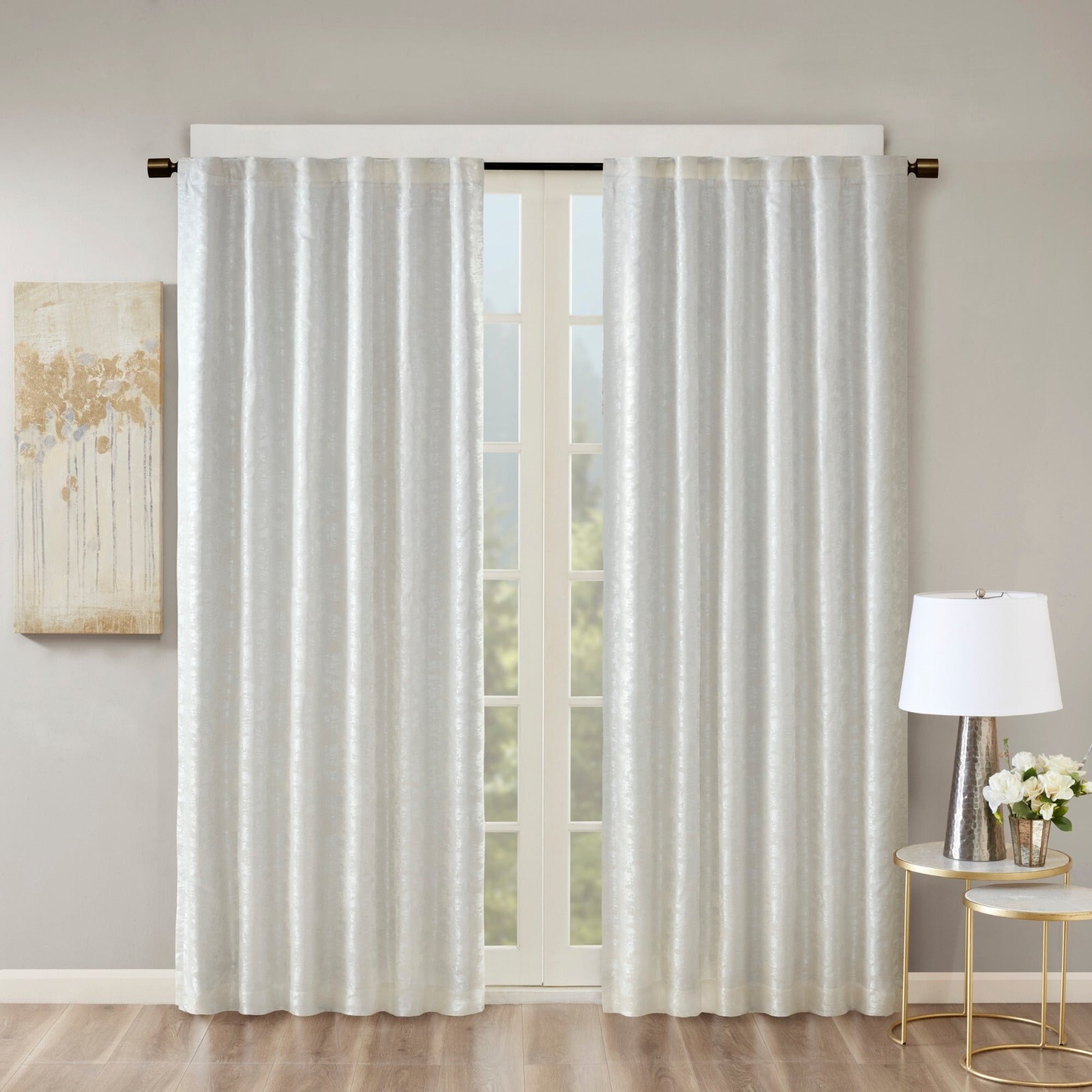 SunSmart Cassius White Jacquard Lined Total Blackout Curtain Panel 50in x 84in