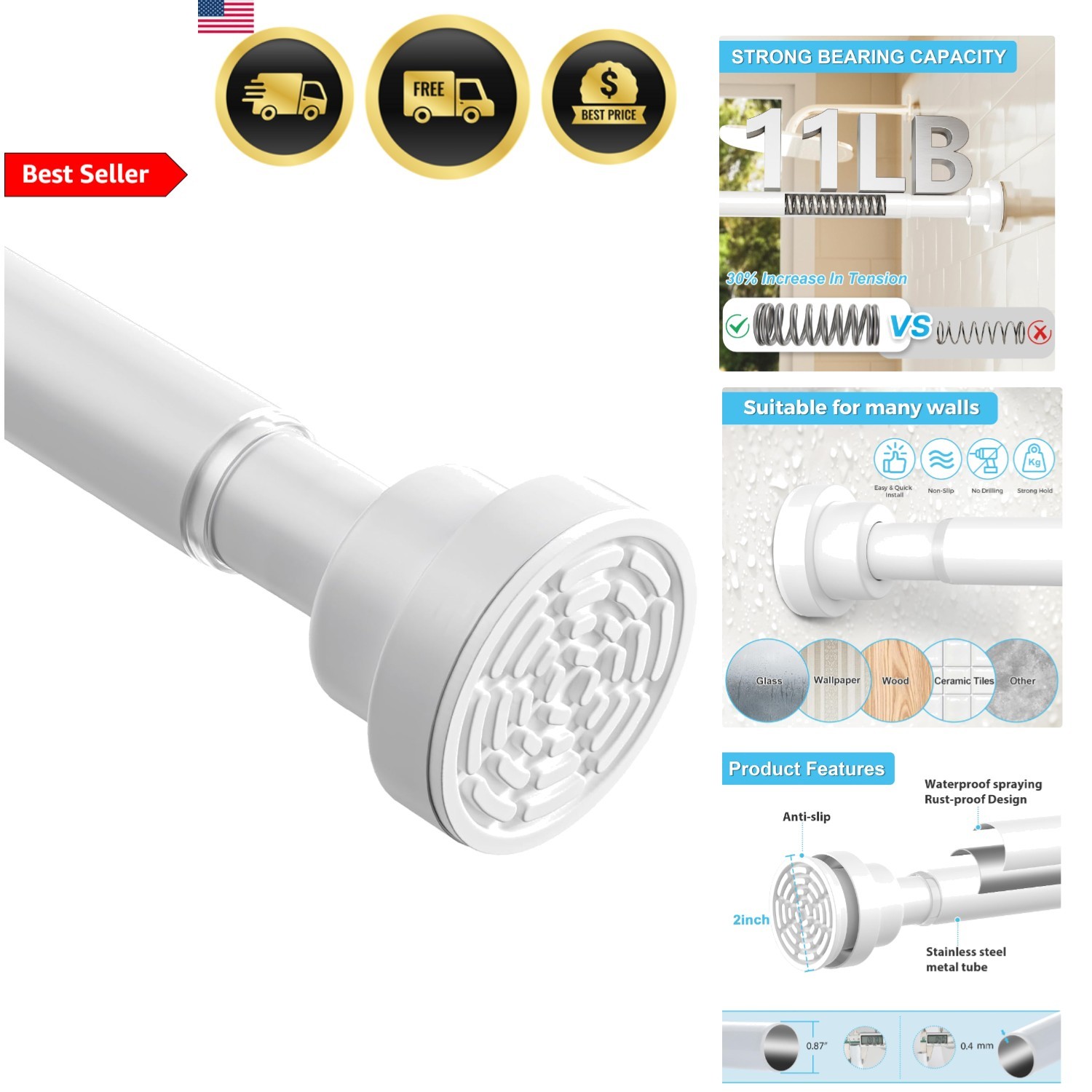 Adjustable Tension Curtain Rod 30-63 Inch No Drilling Spring Loaded Closet Rod