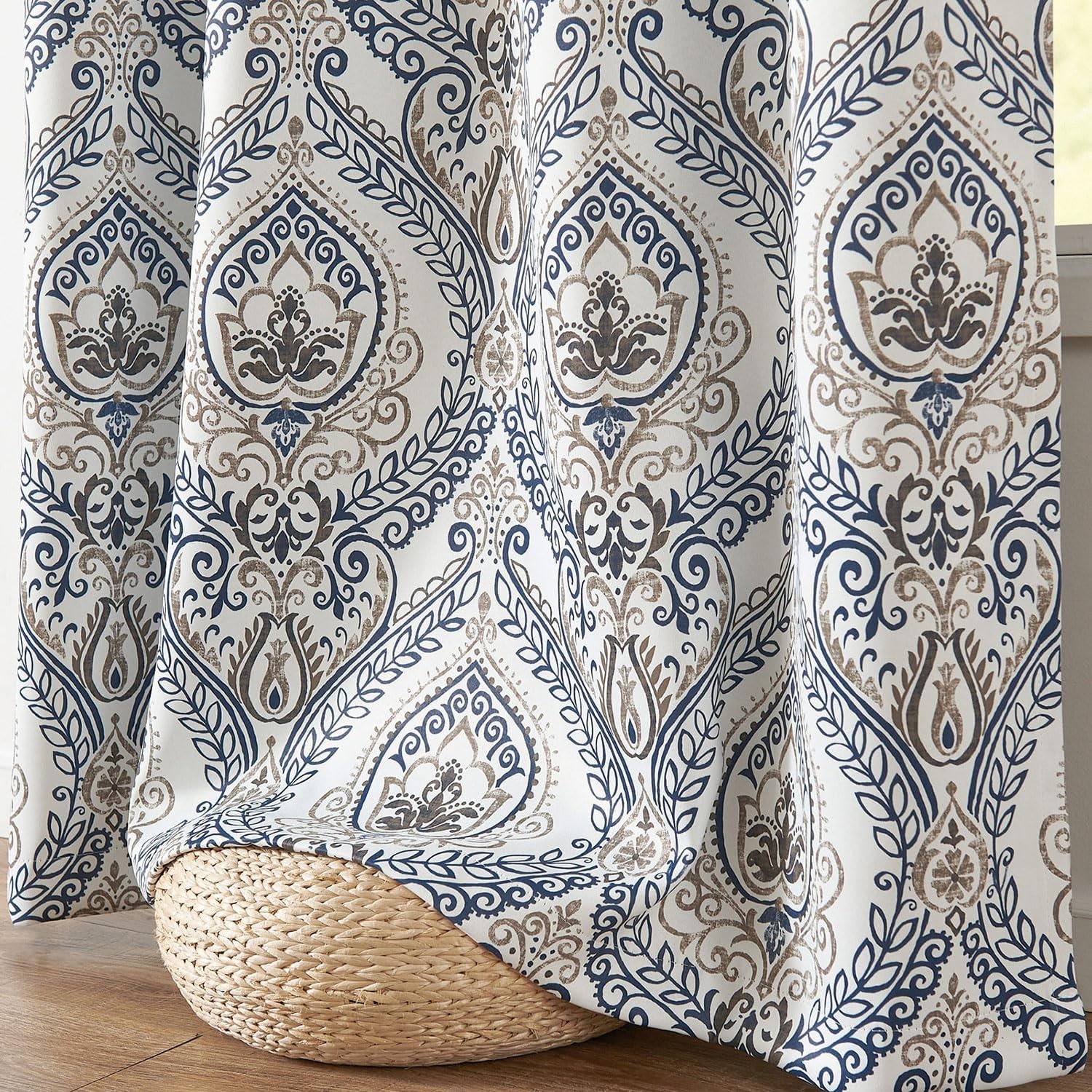 Blue Damask Blackout Curtains 96″ Grommet Thermal Insulated Drapes Set of 2
