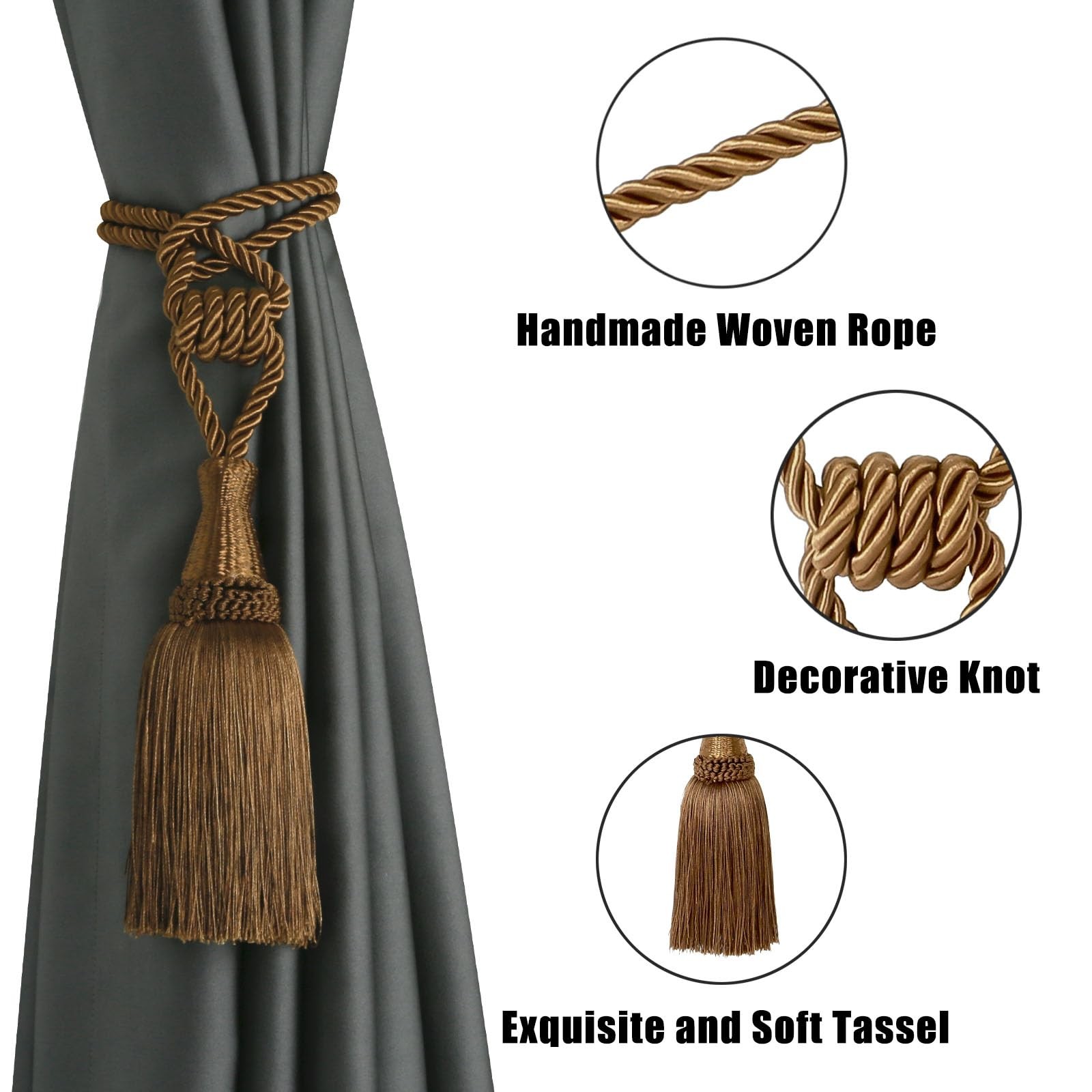 2 Pack Tassel Curtain Tiebacks Handmade Holdbacks (Coffee)