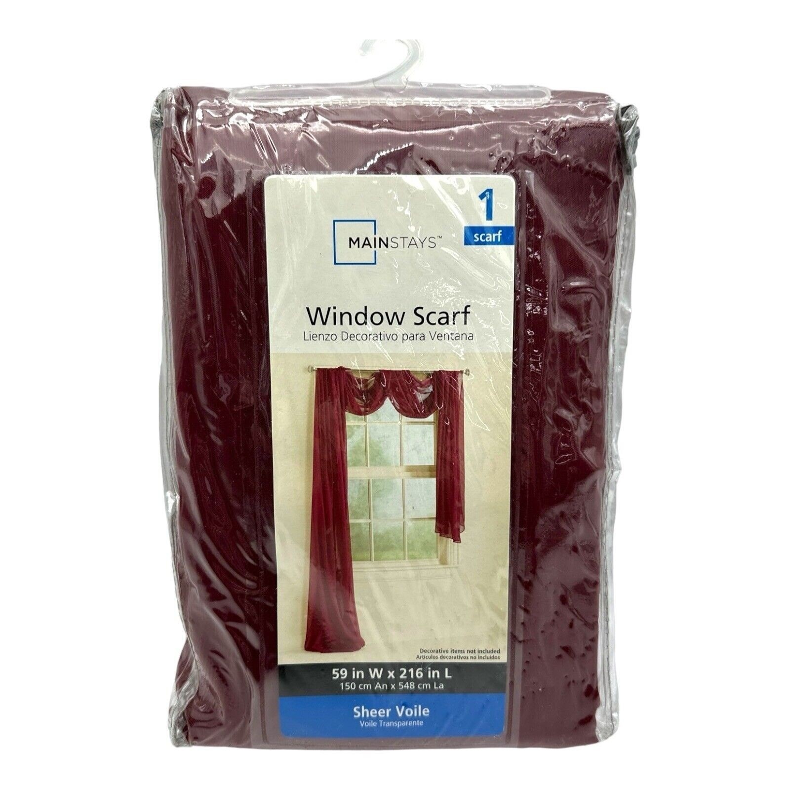 Mainstays Window Scarf Sheer Voile Red Burgundy 59″ x 216″