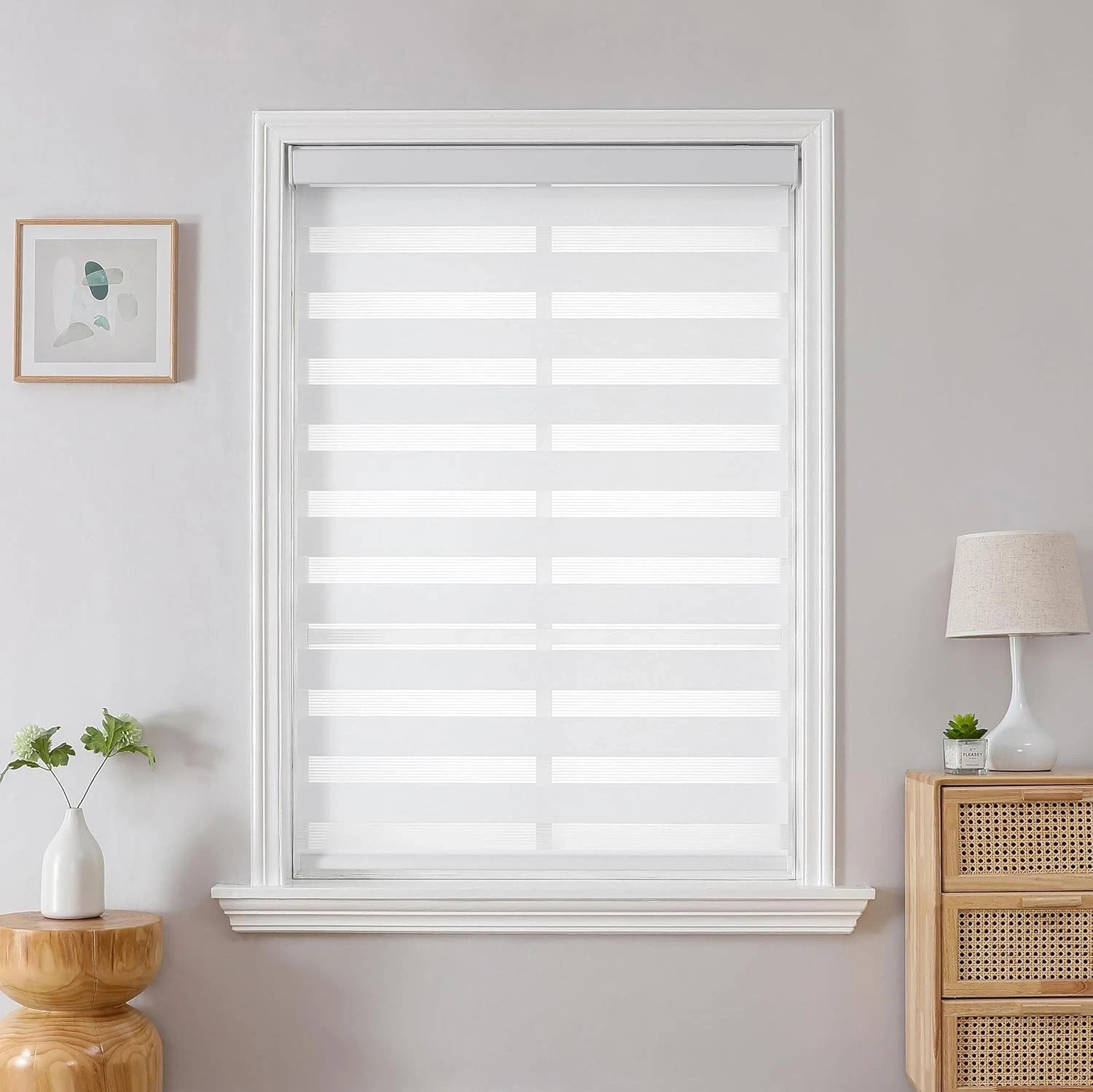 Cordless Zebra Blinds for Windows Dual Layer Light Control White 54″ W x 75″ H