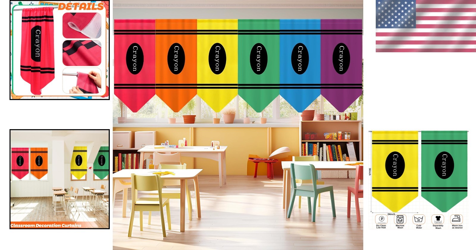 Colorful Classroom Curtains Rainbow Crayon Back to School Decor 6pcs