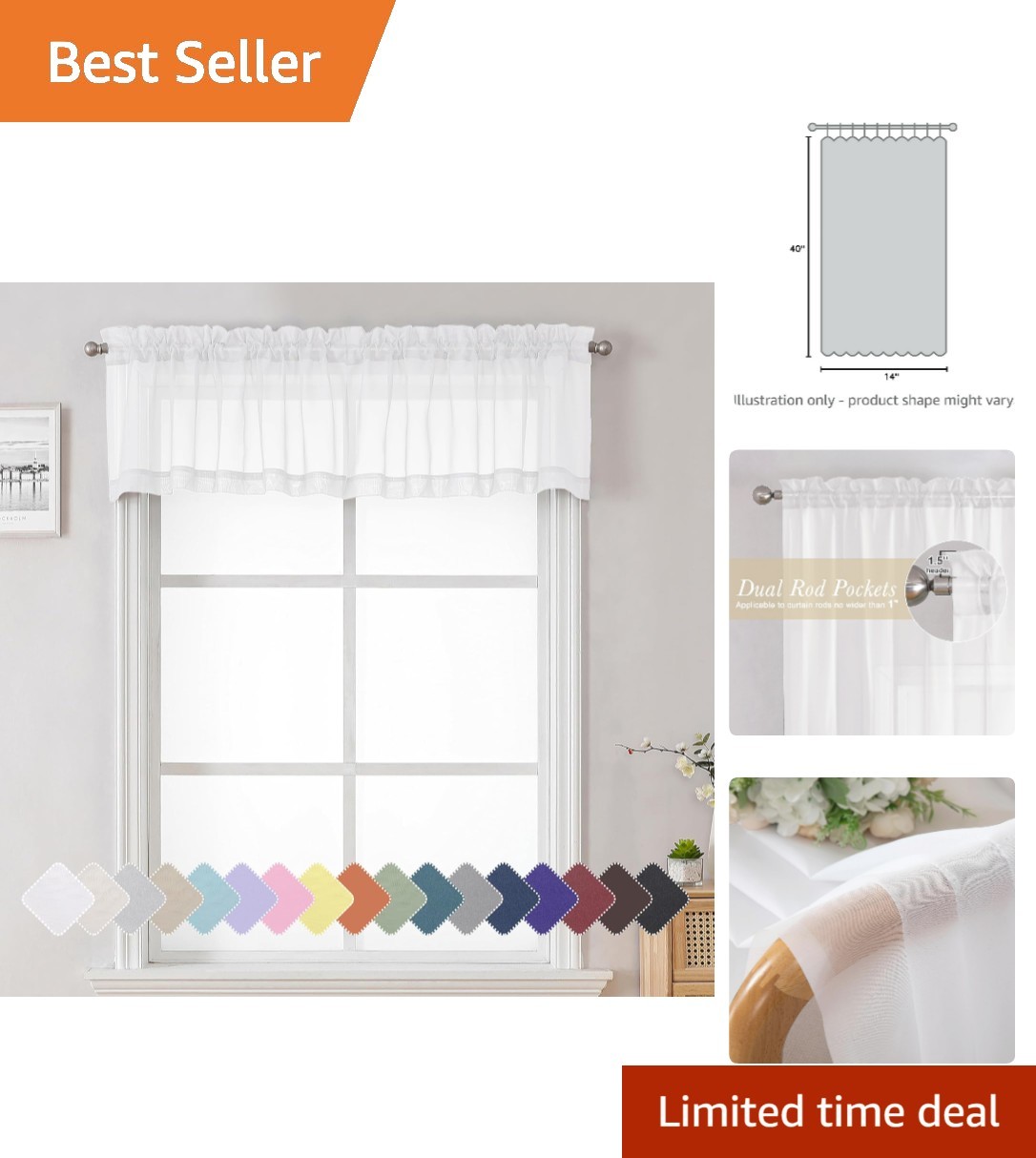 Sheer White Curtains 14 Inch Length 2 Pieces, Light Filtering Voile Cafe Kitc…