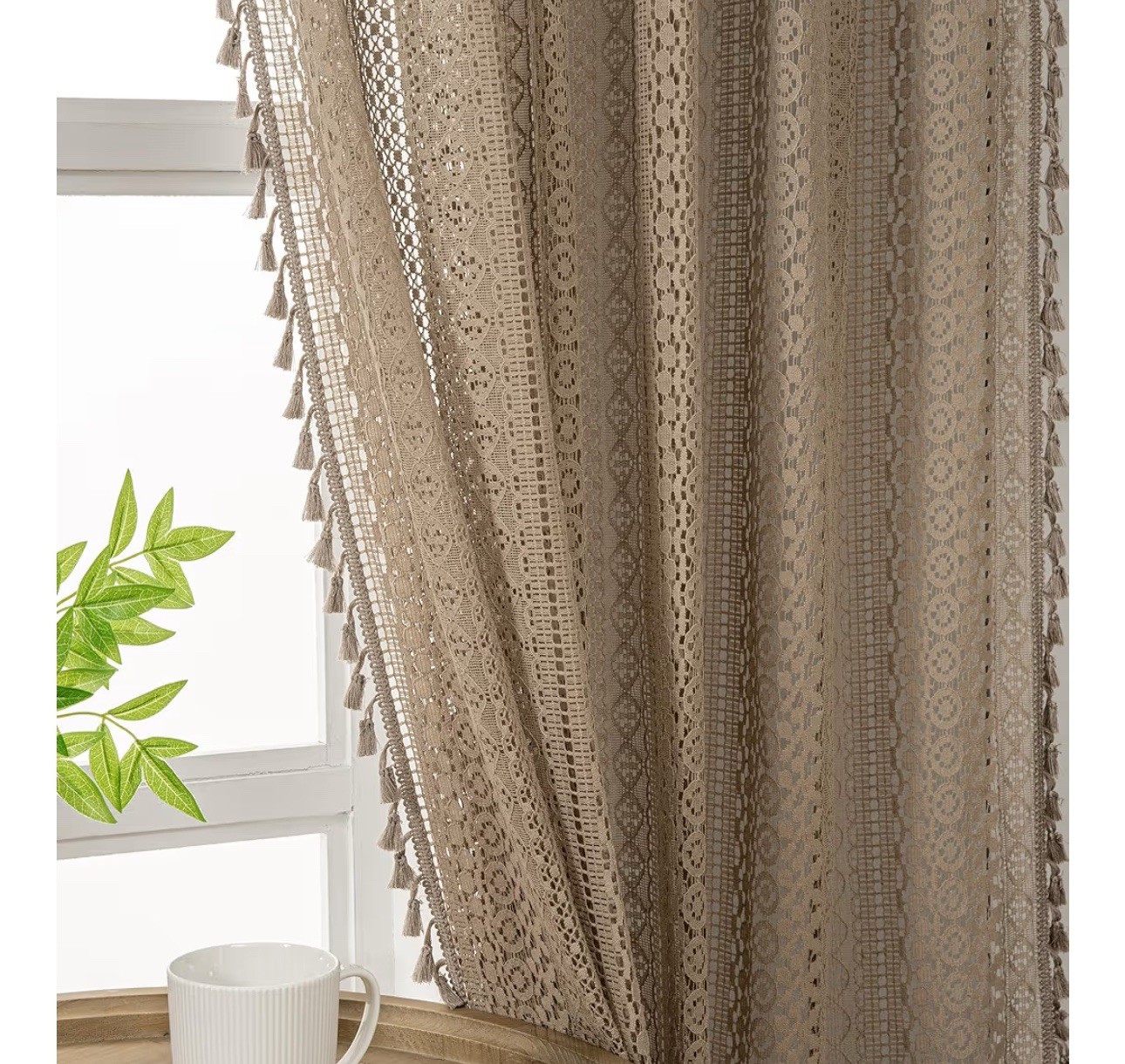 WAZZIO TAUPE 45-in. translucent bohemian curtains, set of 2 panels, crochet lace