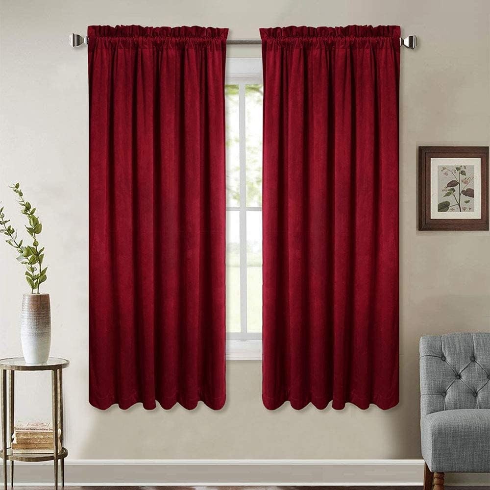 Velvet Curtains 63 inch Length – Christmas Red Decor Dual Rod Pocket Top Thic…