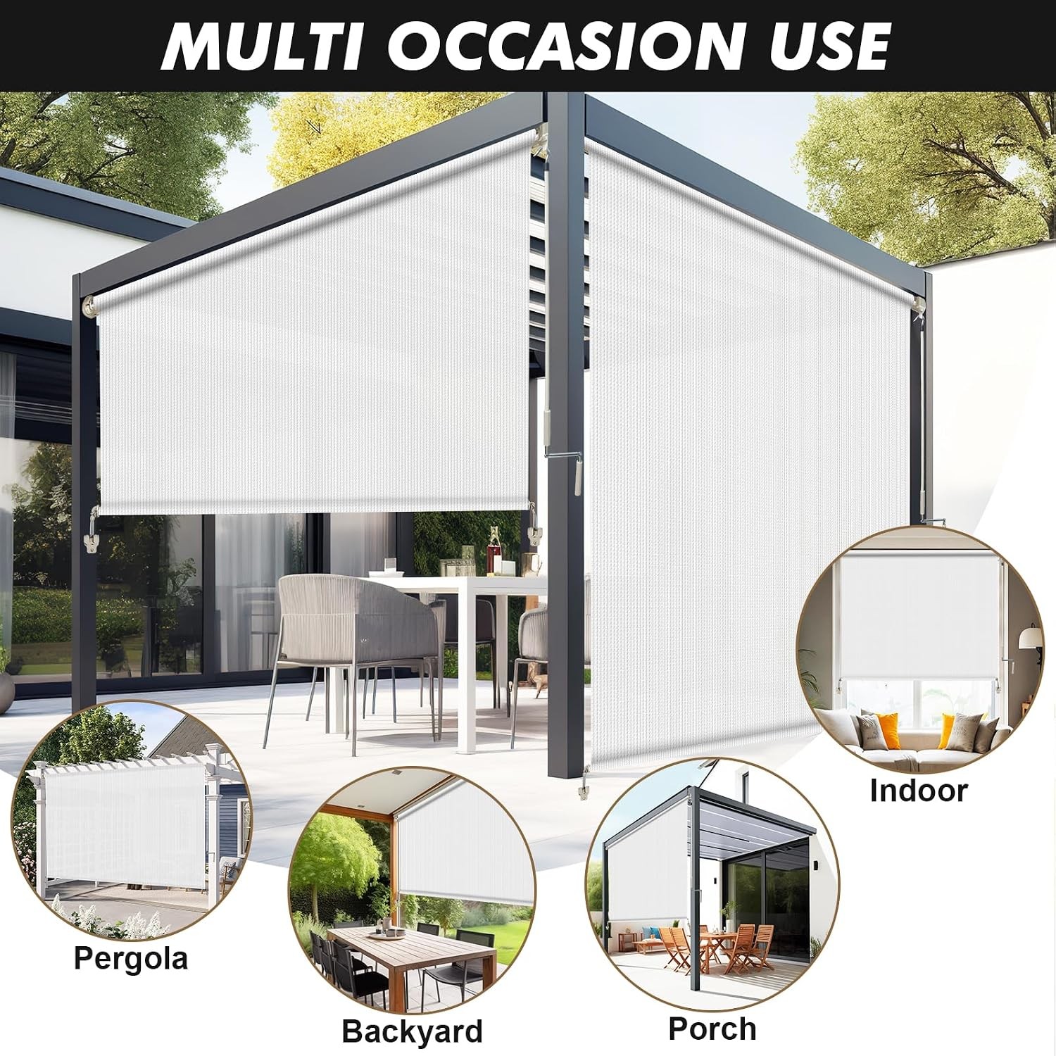 Outdoor Roller Shade 10′ W x 8′ H, White Exterior Cordless Patio Roll Up Blinds