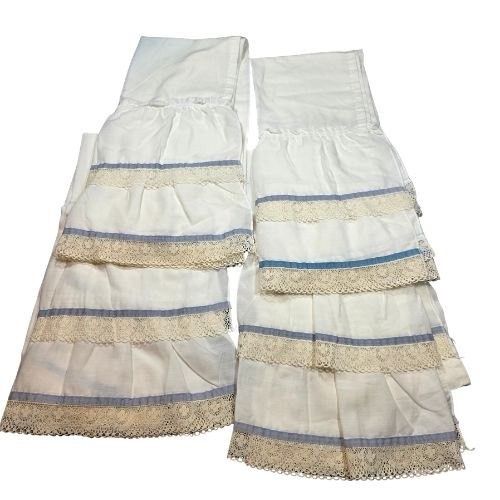 Vintage Style White Ruffled Cafe Curtains Lace Trim Blue Ribbon 4 Panels 35×28