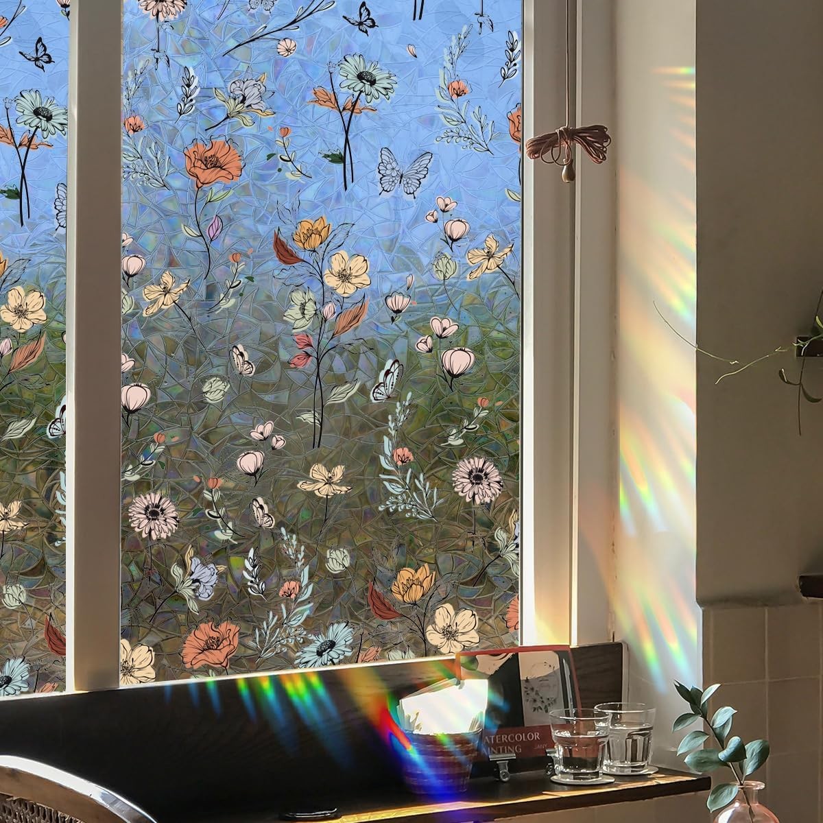 Boho Flower Stained Glass Window Film 3D Rainbow Privacy Cling Decor