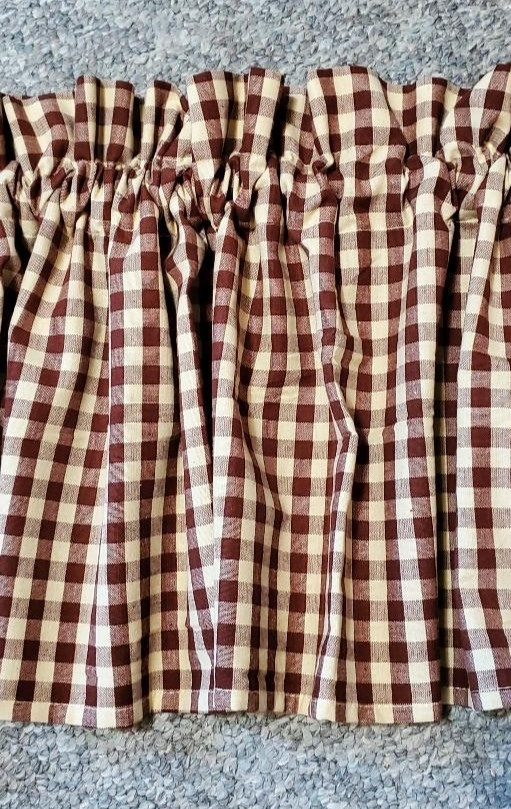 Rustic Country Primitive Small Burgundy & Tan Check Homespun Valance 72″x14″