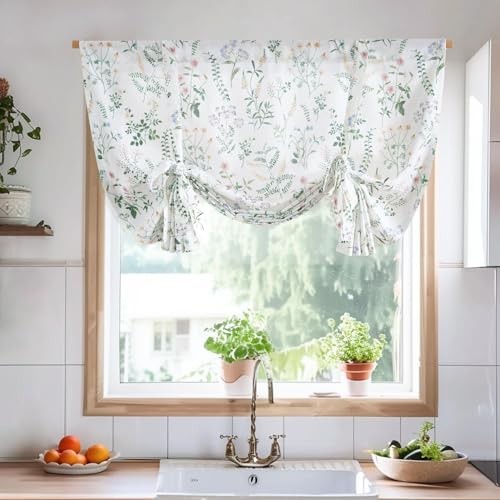 Floral Tie Up Valance 42″W x 45″L (Pack of 1) Botanical | Sage Green on White